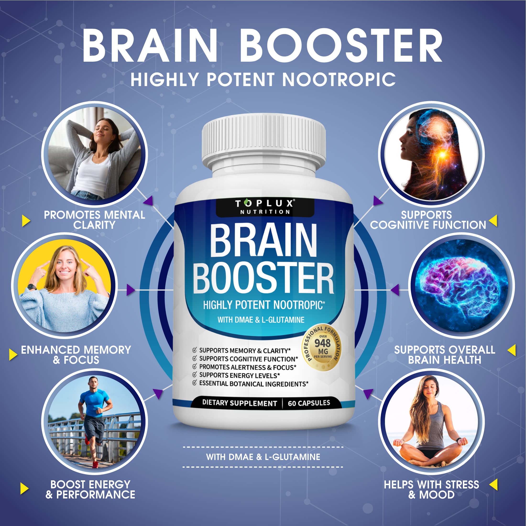 Toplux Brain Supplement Nootropic – Brain Pills Vitamin with DMAE, Bacopa Monnieri, L-Gutamine, for Men Women, 60 Capsules, Nutrition Toplux uk supplements