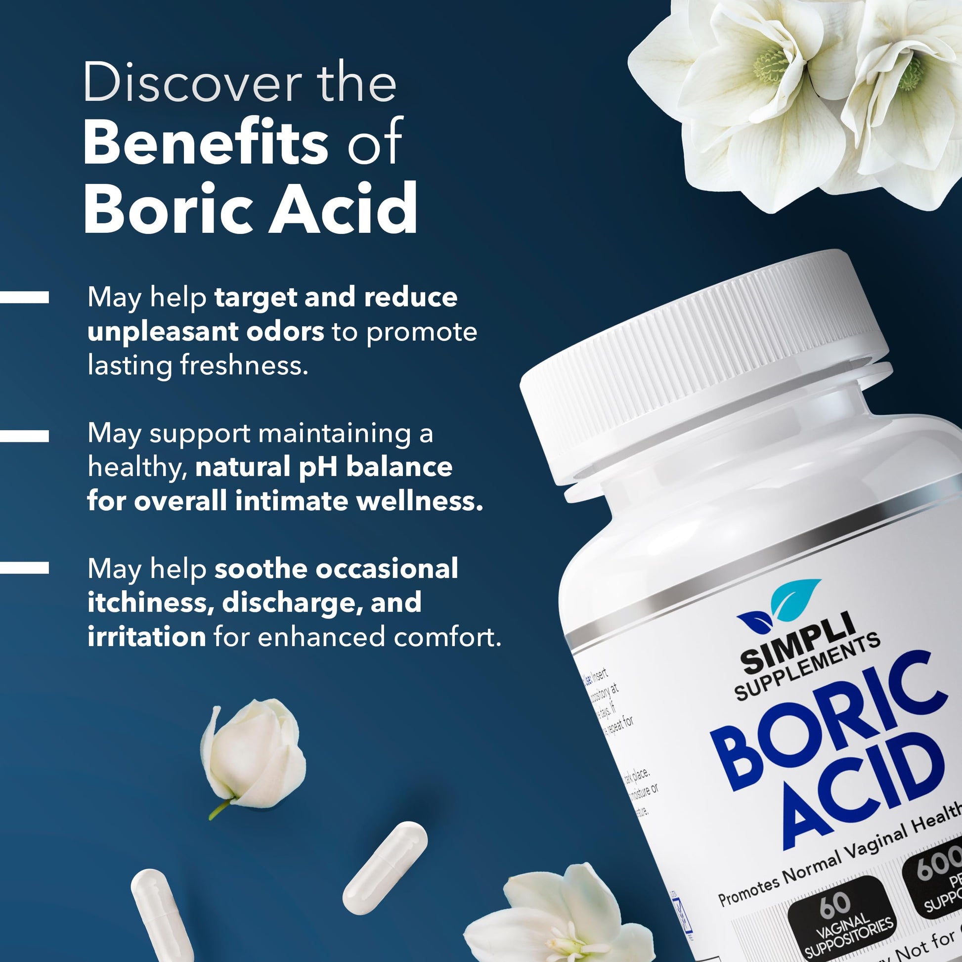 Simpli Supplements Boric Acid Suppositories for Women 600mg – 60 Count | Vaginal pH Balance Support | Feminine Care | Helps Maintain Freshness & Odor Control Simpli Supplements uk supplements