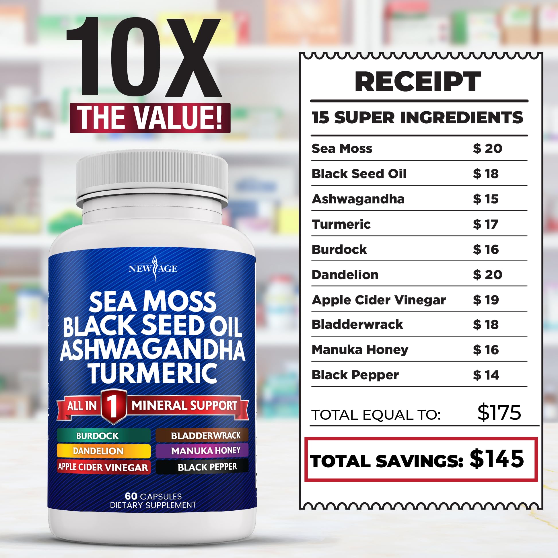 Silica Sea Moss 3000mg Black Seed Oil 2000mg Ashwagandha 1000mg Turmeric 1000mg NEW AGE uk supplements