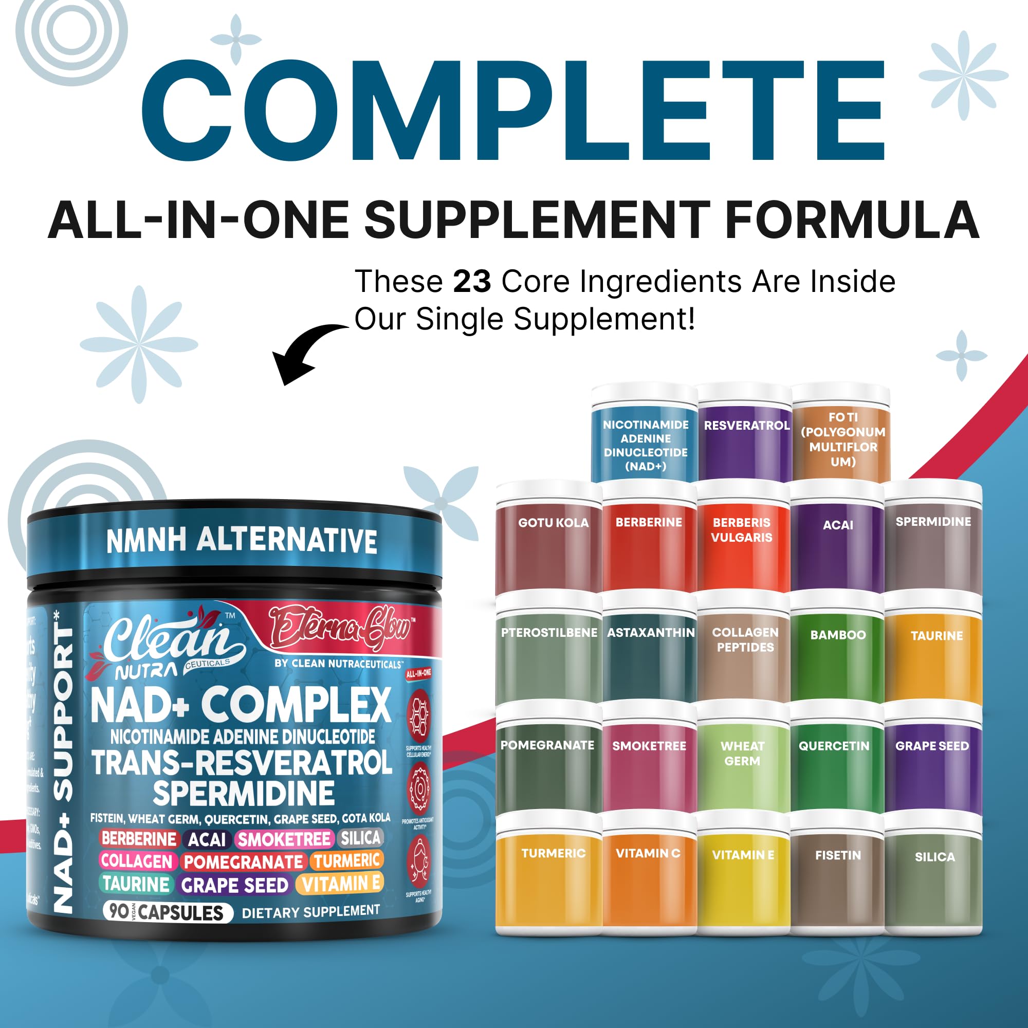 Clean NAD Supplement Resveratrol Liposomal NAD+ Spermidine Fisetin Wheat Germ Quercetin Grape Seed Extract Gotu Kola Berberine Astaxanthin Peptides for Women Energy 90 Capsules Clean Nutraceuticals uk supplements