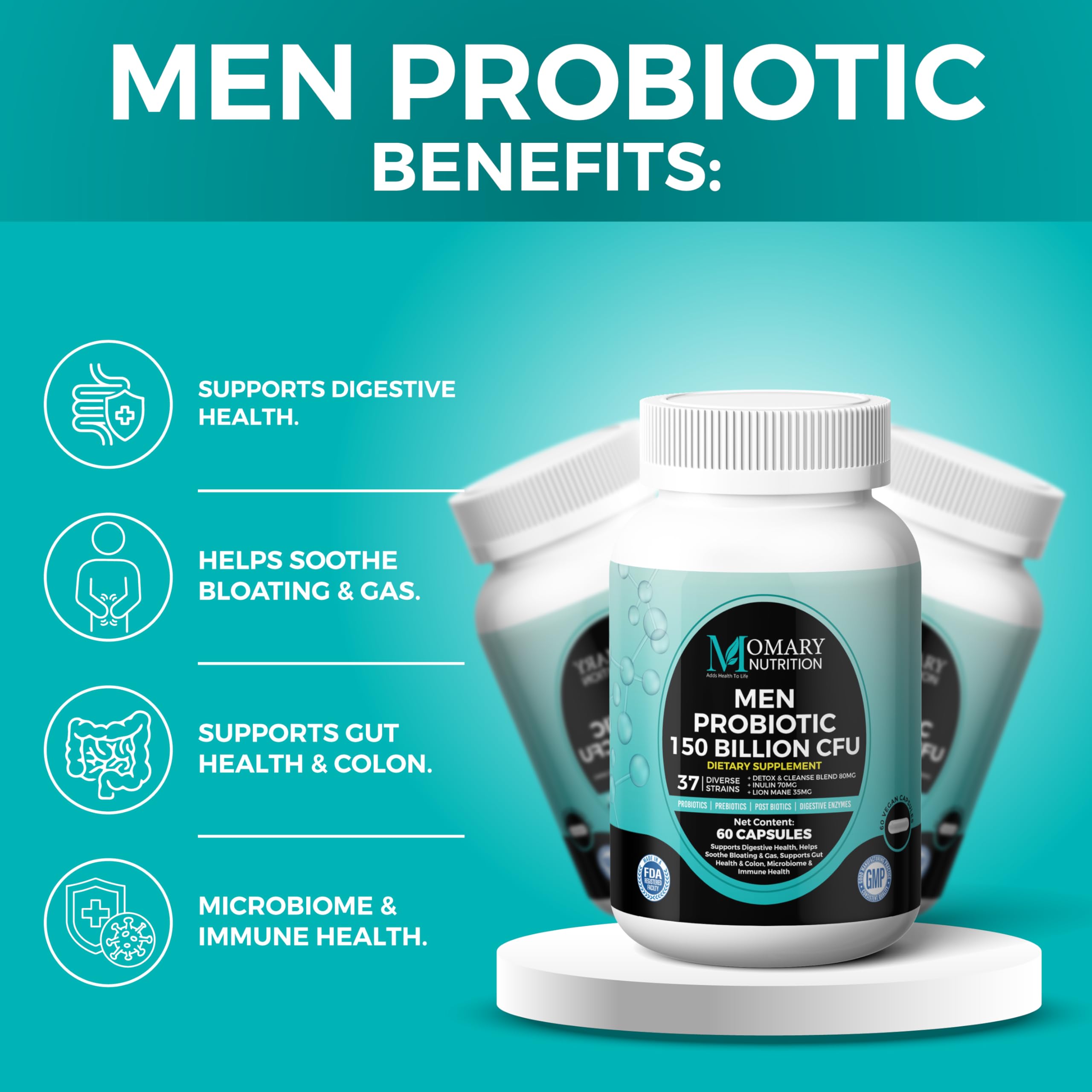 8-in-1 Bio Cultures Complex for Men – 150 Billion CFU Probiotics with 37 Diverse Strains, Organic Prebiotics, Postbiotics & Digestive Enzymes – Supports Digestive Balance & Gut Microbiome MOMARY NUTRITION uk supplements
