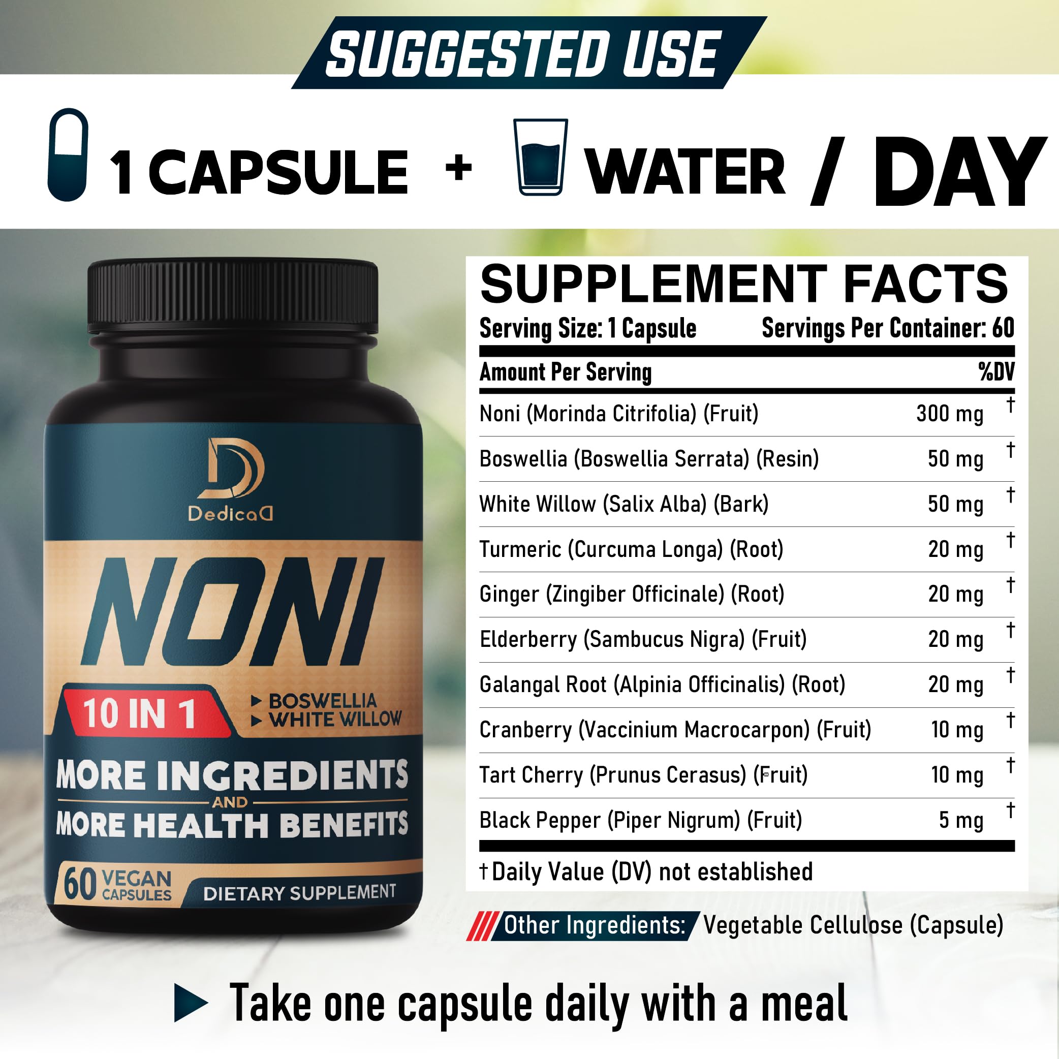 DEDICAD 10in1 Noni Capsules - 4 Month Supply with Elderberry, Boswellia, Turmeric, Ginger & More - Support Muscle, Joint, Digestive & Immune - 2 Packs of 60 Vegan Capsules, Non-GMO & Gluten-Free DEDICAD uk supplements