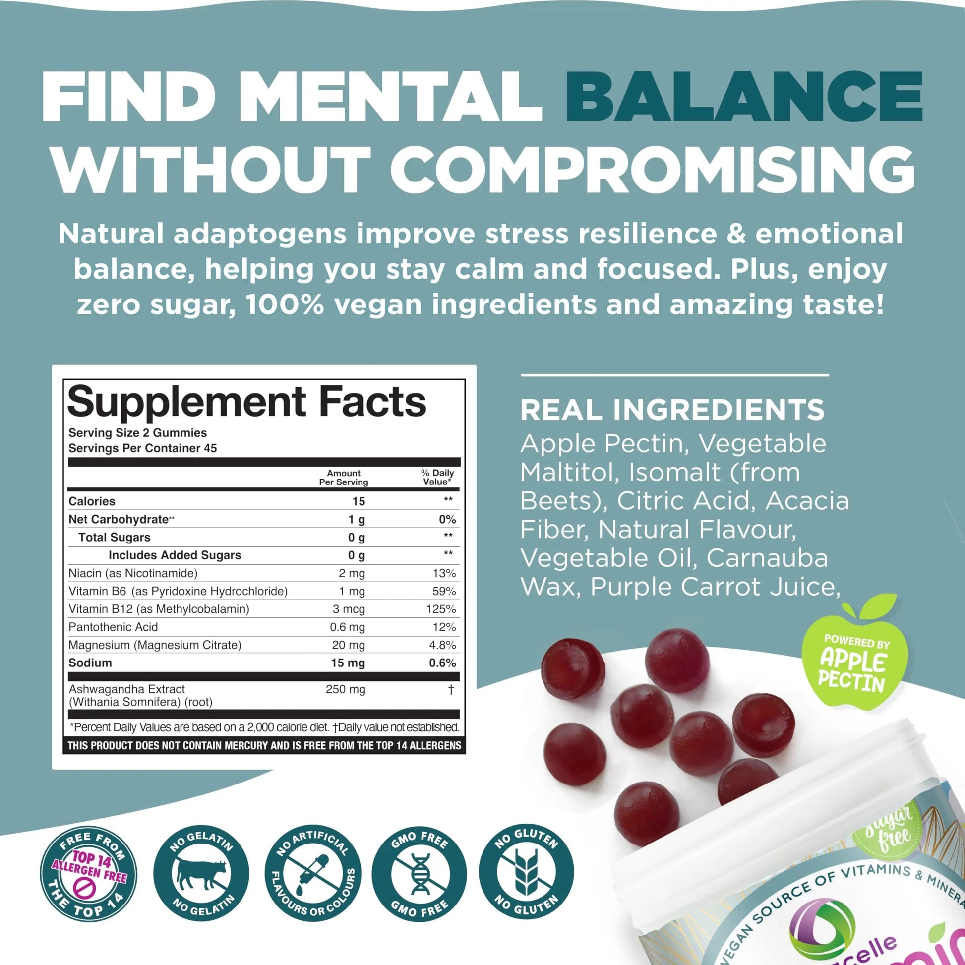 NUTRAMIN Mood Boost Multivitamin Gummy - Delicious & Yummy Anti-Stress Magnesium Ashwagandha Gummies + B Complex Vitamins for Focus and Calm Nutracelle uk supplements