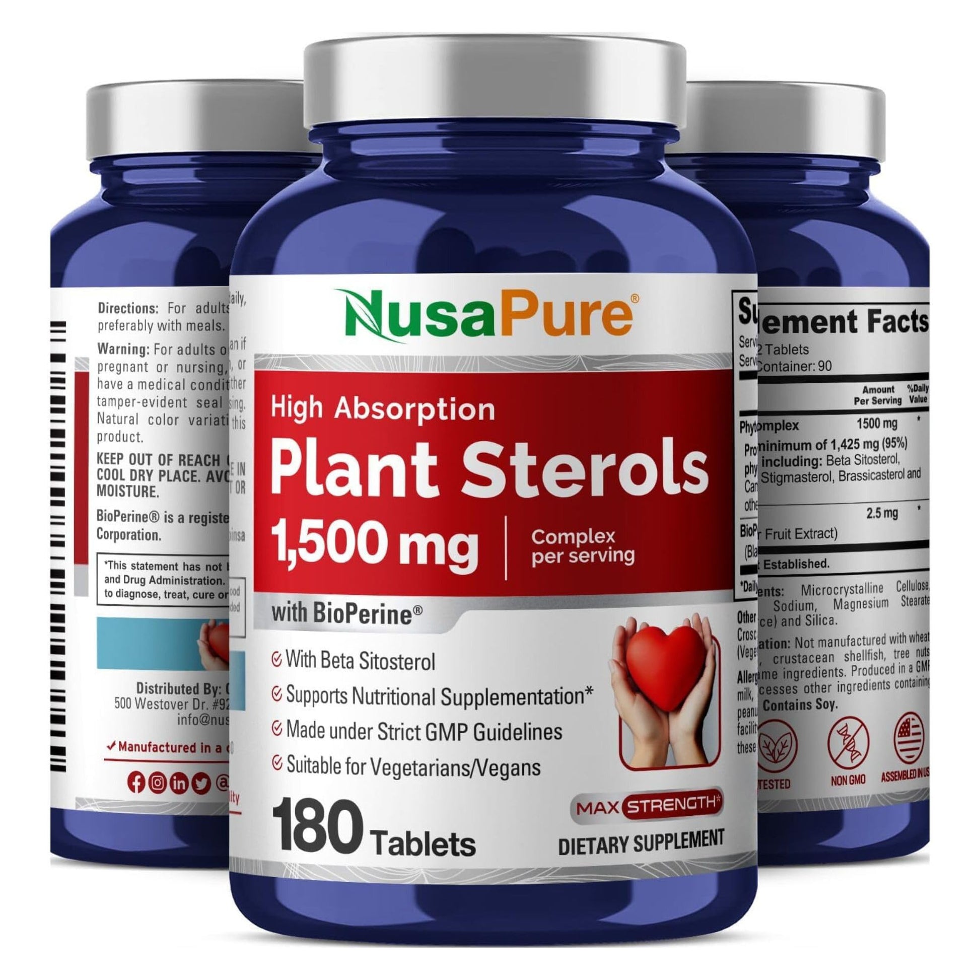 NusaPure Plant Sterols 1500 mg - 180 Tablets (Non-GMO, Vegan) Beta Sitosterol, Bioperine NusaPure uk supplements