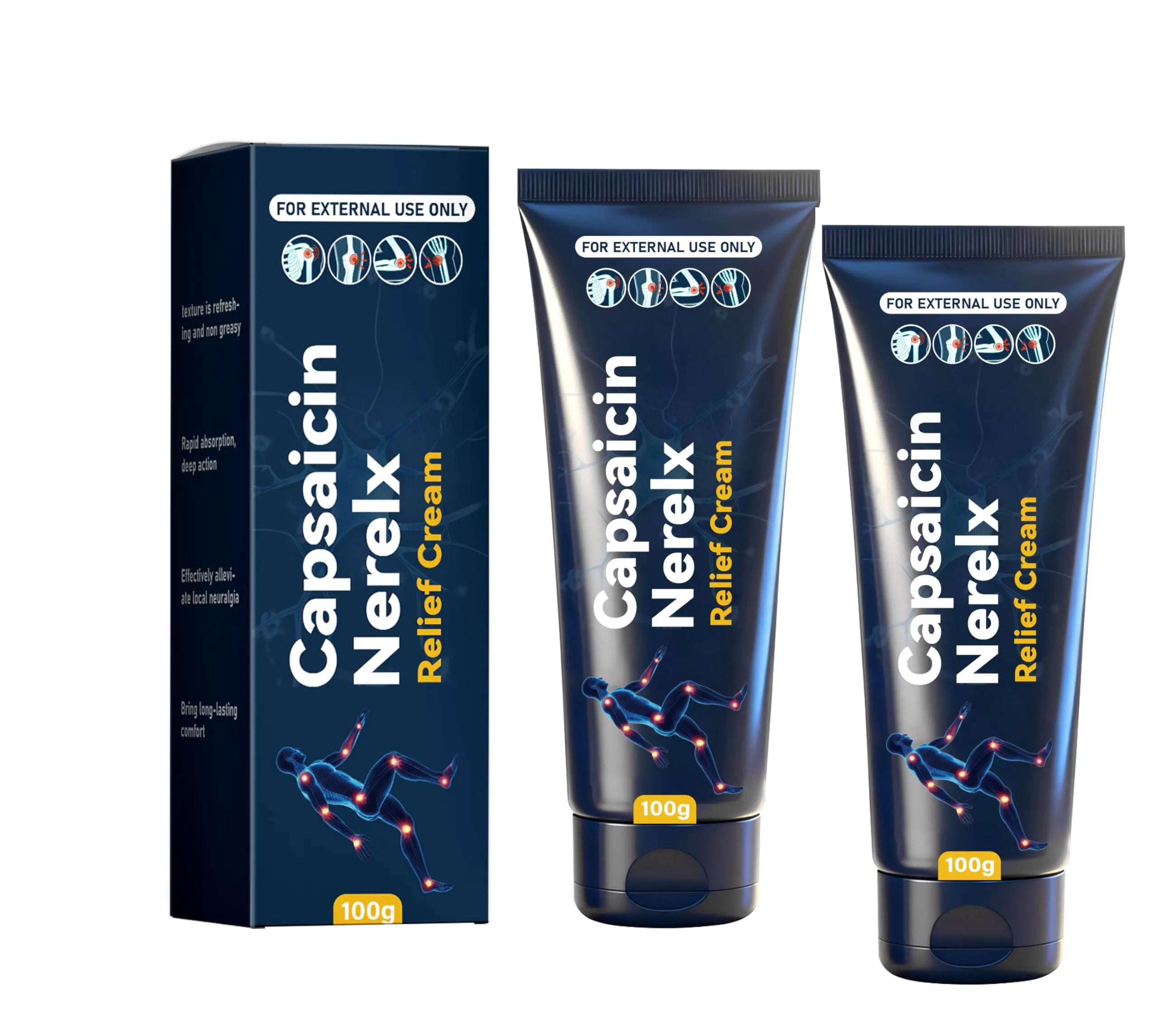 Capsaicin Nerex Relief Cream with Arnica, Menthol, MSM and Glucosamine for Body Joint Areas, Feet, Hands, Legs, Muscles, Joints, and Waist, 100g (2PACKS) bigyuan uk supplements