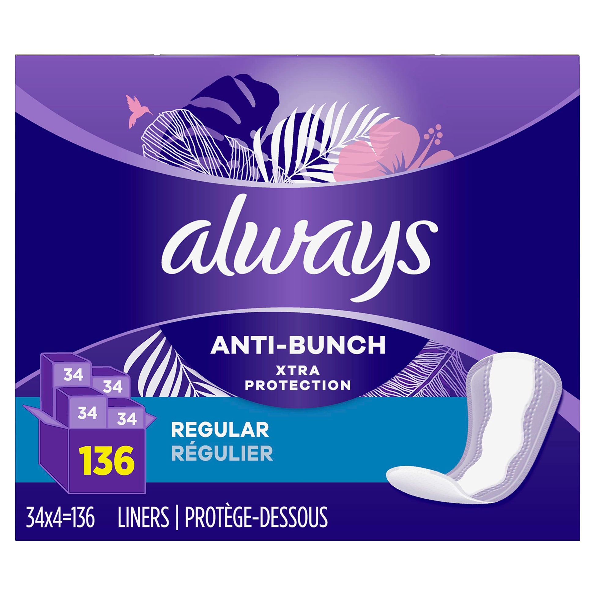Always Anti-Bunch Xtra Protection Daily Liners, Regular Length, Unscented, 34 Count x 4 Always uk supplements