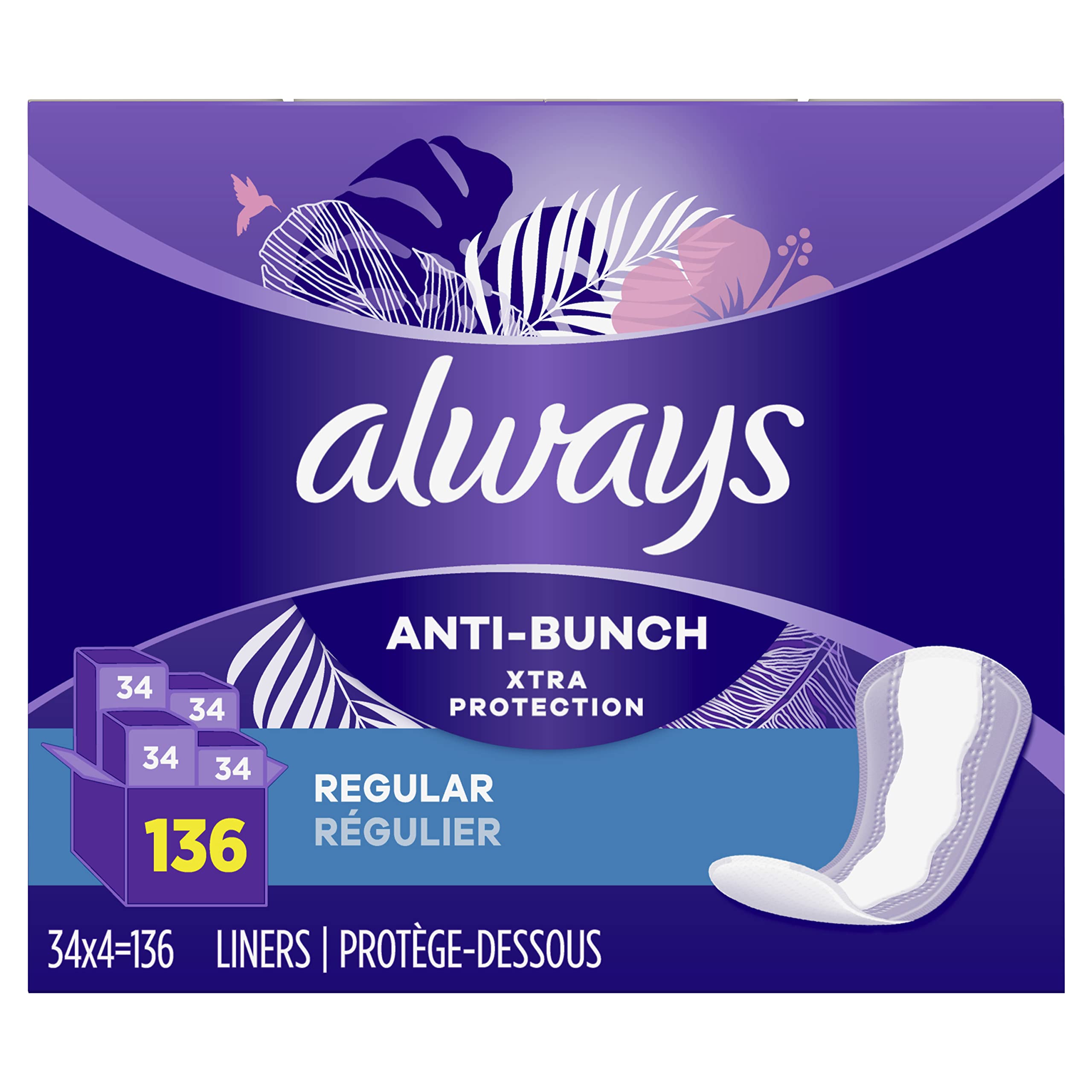 Always Anti-Bunch Xtra Protection Daily Liners, Regular Length, Unscented, 34 Count x 4 Always uk supplements