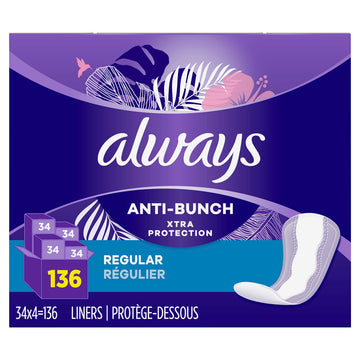 Always Anti-Bunch Xtra Protection Daily Liners, Regular Length, Unscented, 34 Count x 4 Always uk supplements