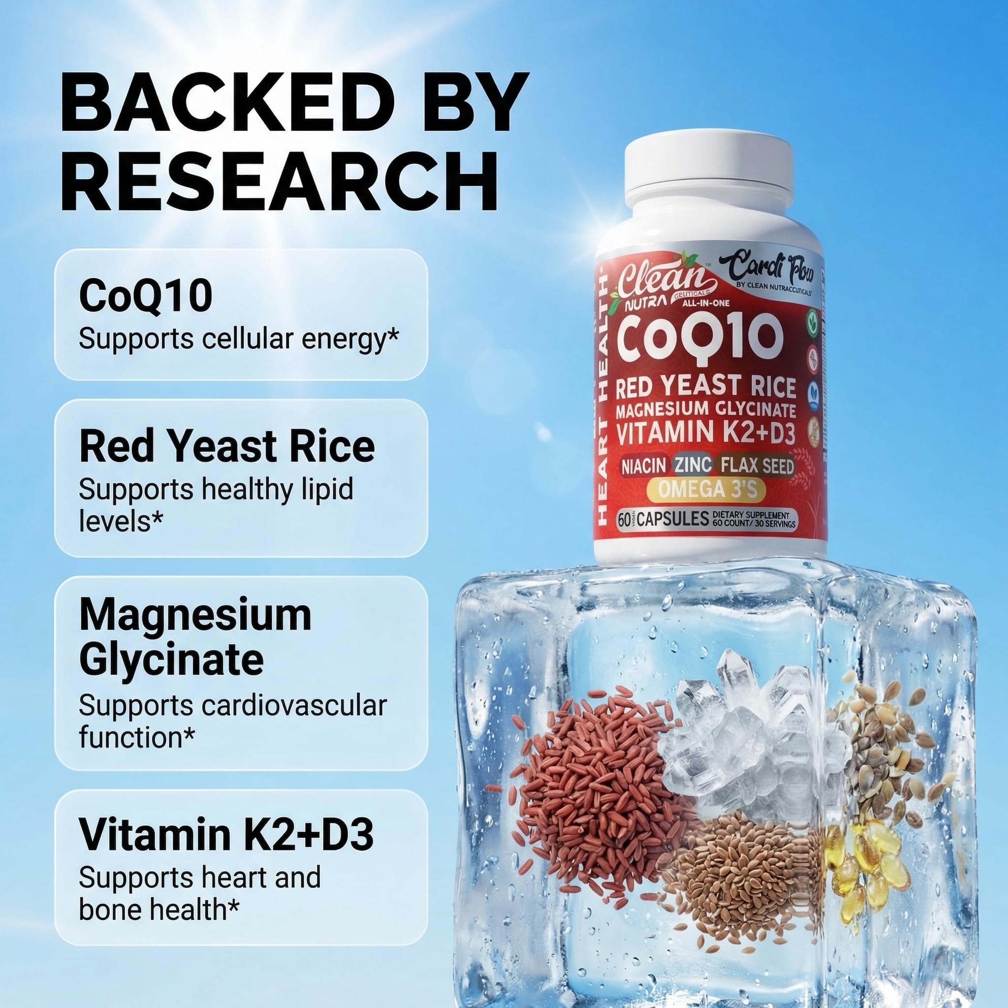 Clean Nutra CoQ10 Red Yeast Rice Magnesium Glycinate Vitamin K2 D3 Niacin Zinc Flax Seed Omega 3 Capsules 60 Count All in One Formula Premium Ingredients Dietary Supplement Clean Nutraceuticals uk supplements