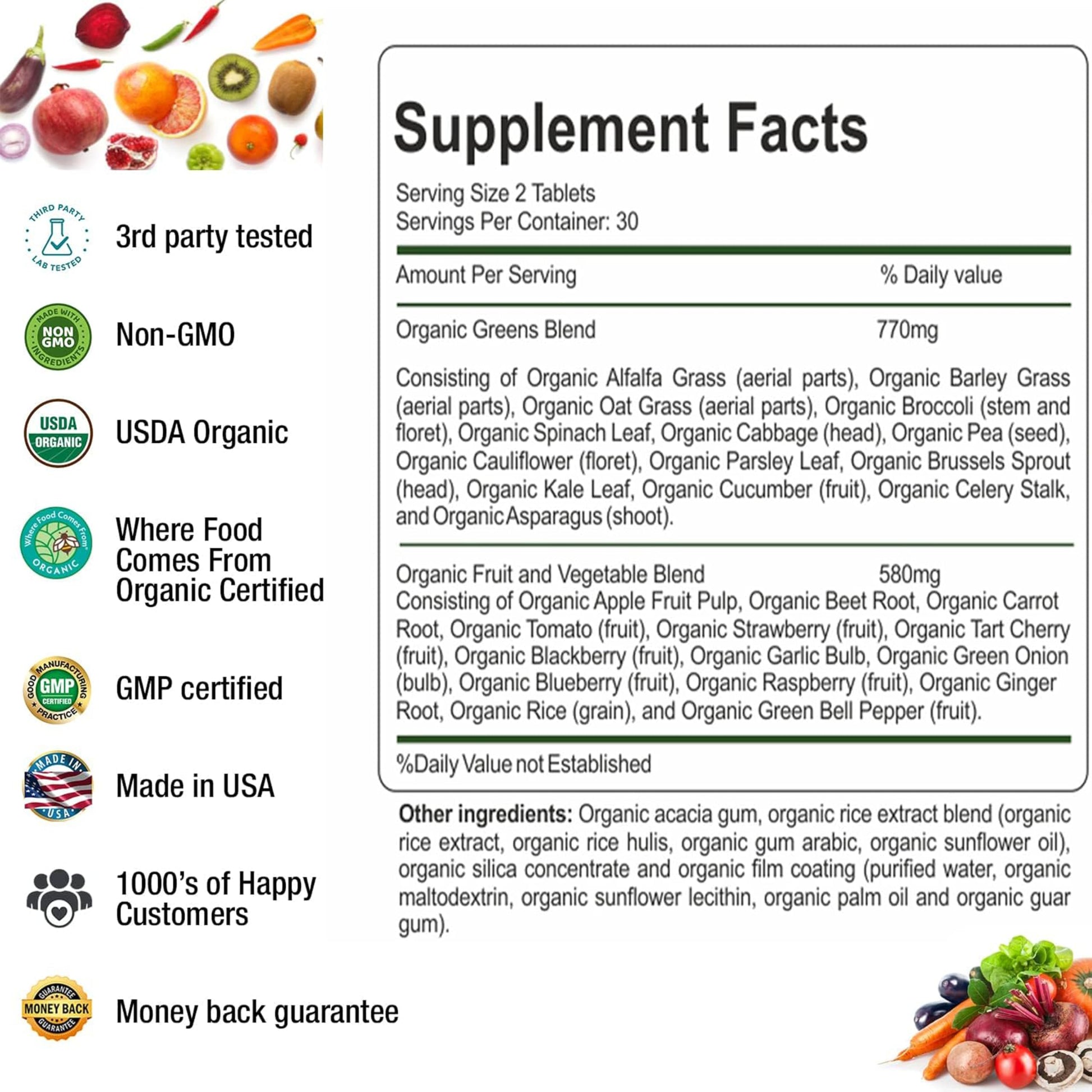AAMATEC LIFE Organic Superfood Greens Fruits and Veggies Complex - Dietary Supplement with 14 Greens &14 Vegetables with Alfalfa Rich in Antioxidants Organic Ingredients Non-GMO (120 Count Pack of 2) AAMATEC LIFE uk supplements