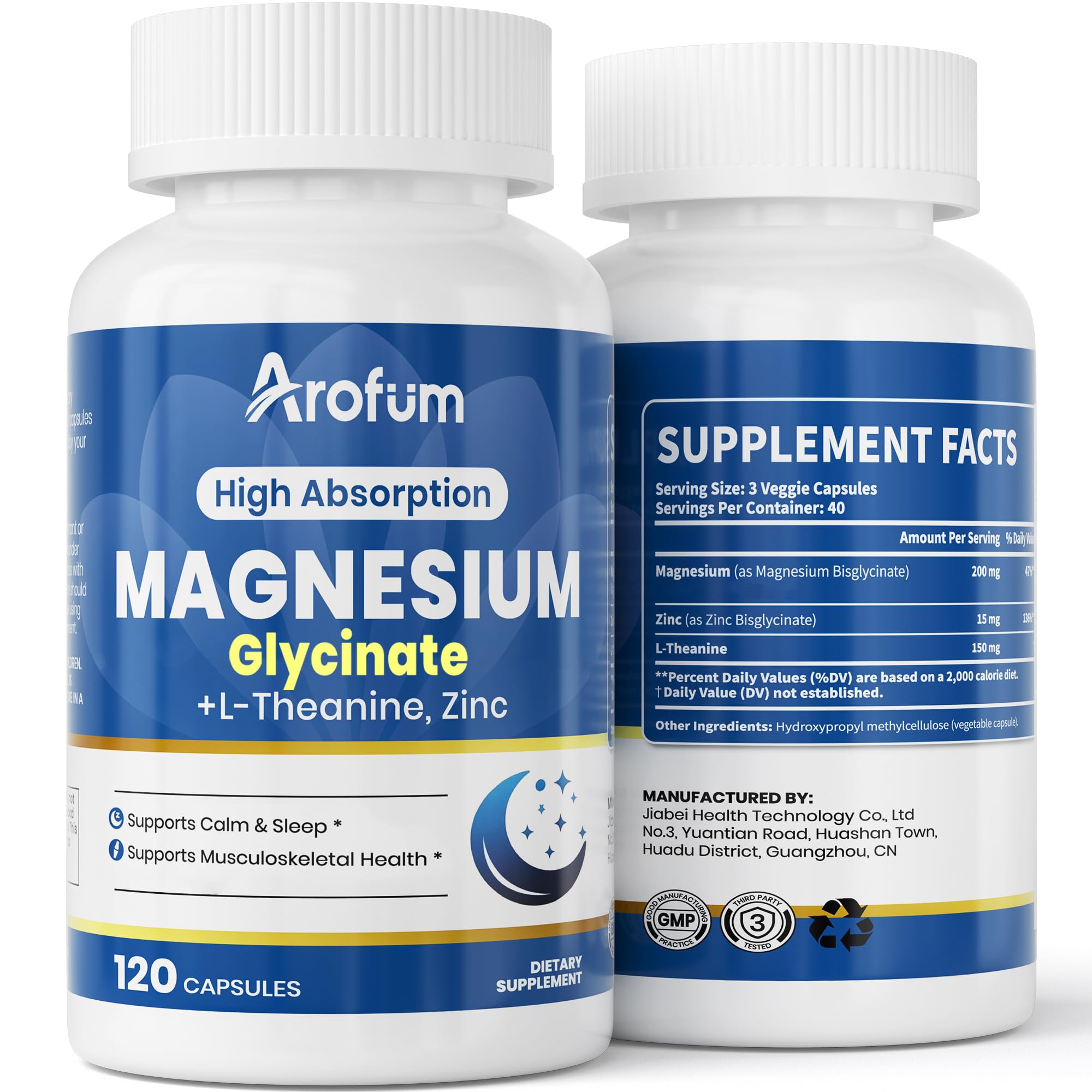 AROFUM Magnesium Glycine 200 mg, with L-theanine and Zinc Glycine – Magnesium Supplement to Help Soothe Emotions, Balance Stress, and Promote restful Sleep – Non-GMO Vegan Capsules, 120 Capsules Arofum uk supplements