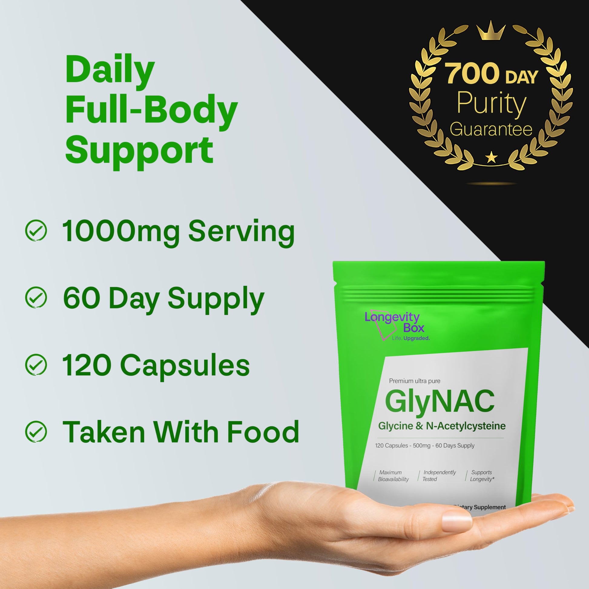 Longevity Box Ultra Pure GlyNAC Supplement 1000mg (500mg Glycine + 500mg N-Acetyl Cysteine) - Glutathione Precursor for Healthy Aging, Energy & Cellular Protection - 120 Vegan Capsules Longevity Box uk supplements