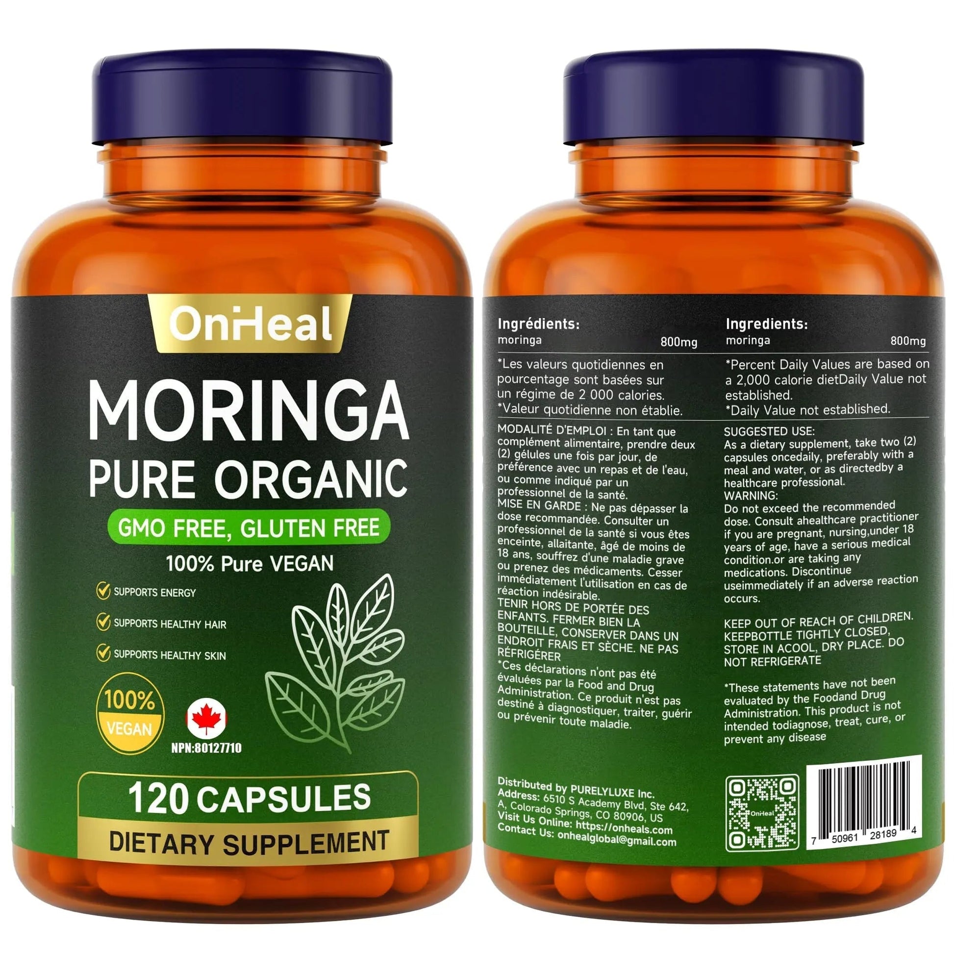 YBFQ Organic Moringa Capsules 1000 mg, 120 Count - Moringa Capsules with Organic Olefeira Powder, Supports Healthy Hair and Skin, Energy and Balance YBFQ uk supplements