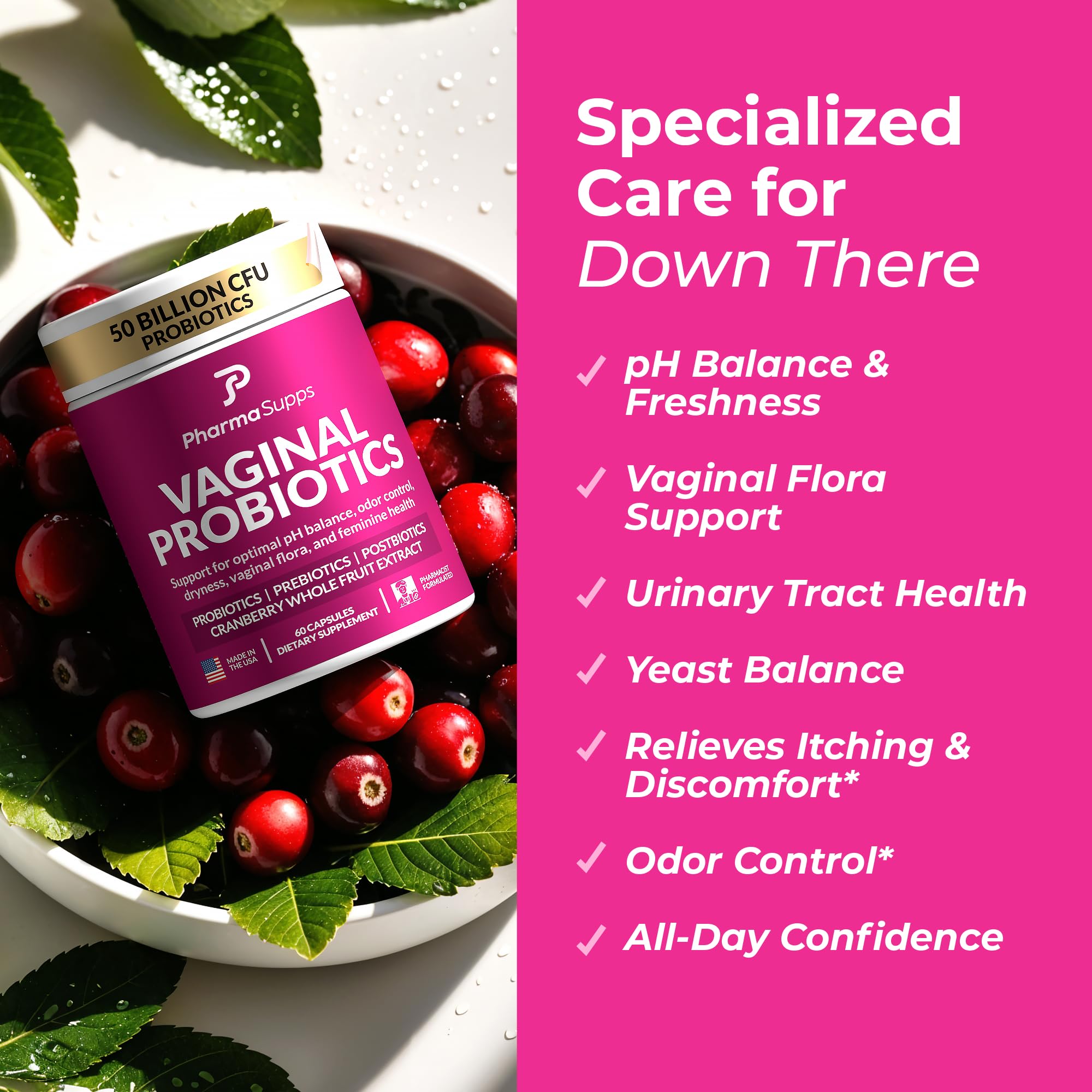 Women’s Probiotic for Vaginal Health | 50 Billion CFU with Probiotics, Prebiotic, Postbiotics & Cranberry for pH Balance, UTI Support, Yeast, Gut Health, Odor, Dryness & Feminine Comfort PharmaSupps uk supplements