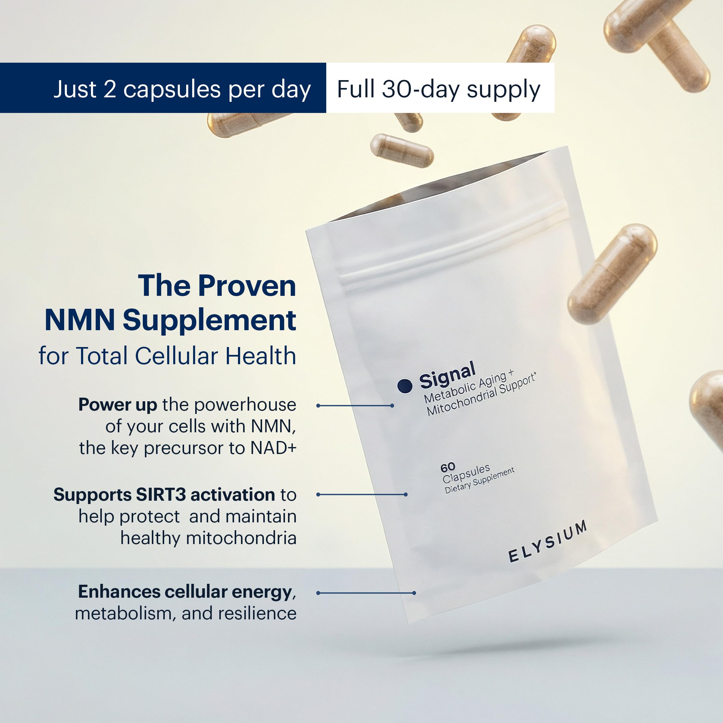 ELYSIUM Signal NMN Supplement - Clinically Proven to Support NAD+ Production, Mitochondrial Function & Metabolic Health - Nicotinamide Mononucleotide and SIRT3 Activation Complex- 30 Day Supply ELYSIUM uk supplements