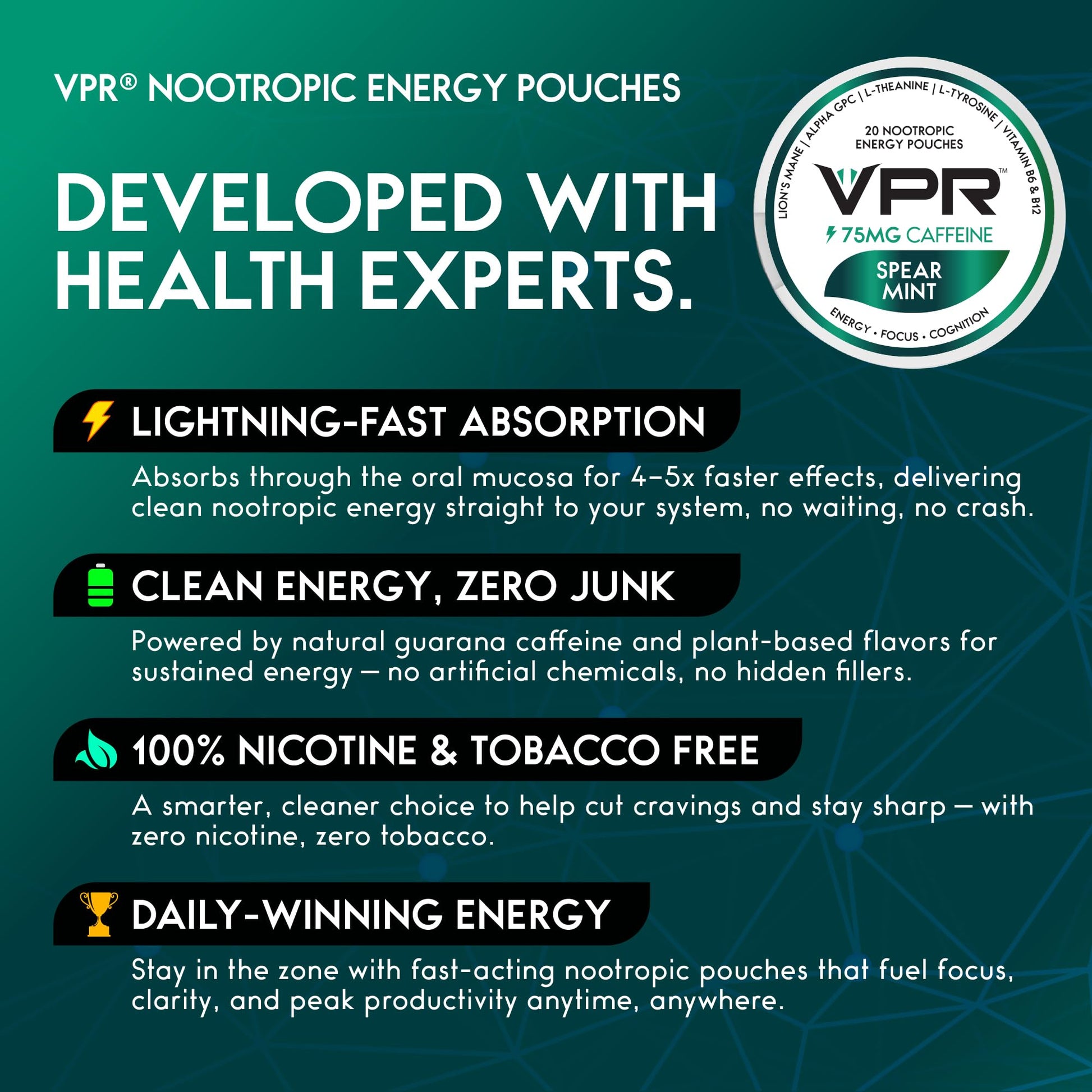 VPR 75MG Caffeine Nootropic Pouches | 20 Count Energy Pouches with Lion's Mane, Alpha-GPC, Vitamin B6 & B12, L-Theanine, and L-Tyrosine | Naturally Flavored Focus Pouches with No Sugar (Variety Pack) VPR Energy uk supplements