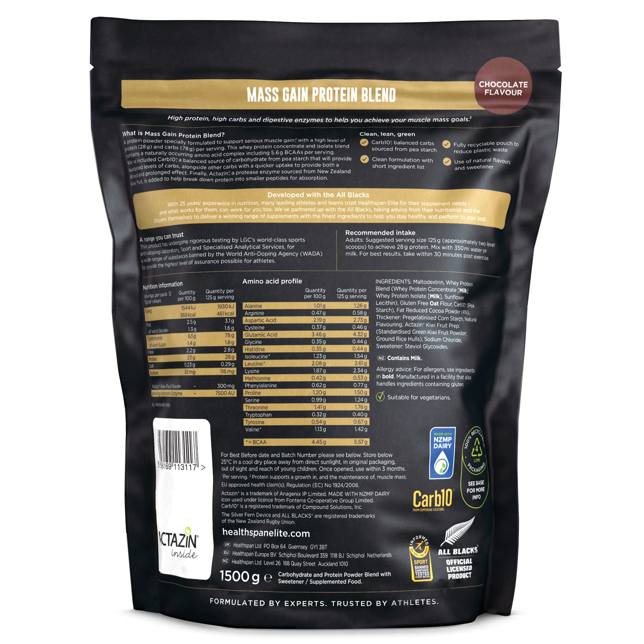 Healthspan Elite All Blacks Mass Gain Protein Blend (1500g) | Chocolate | 28g of Protein Healthspan Elite uk supplements