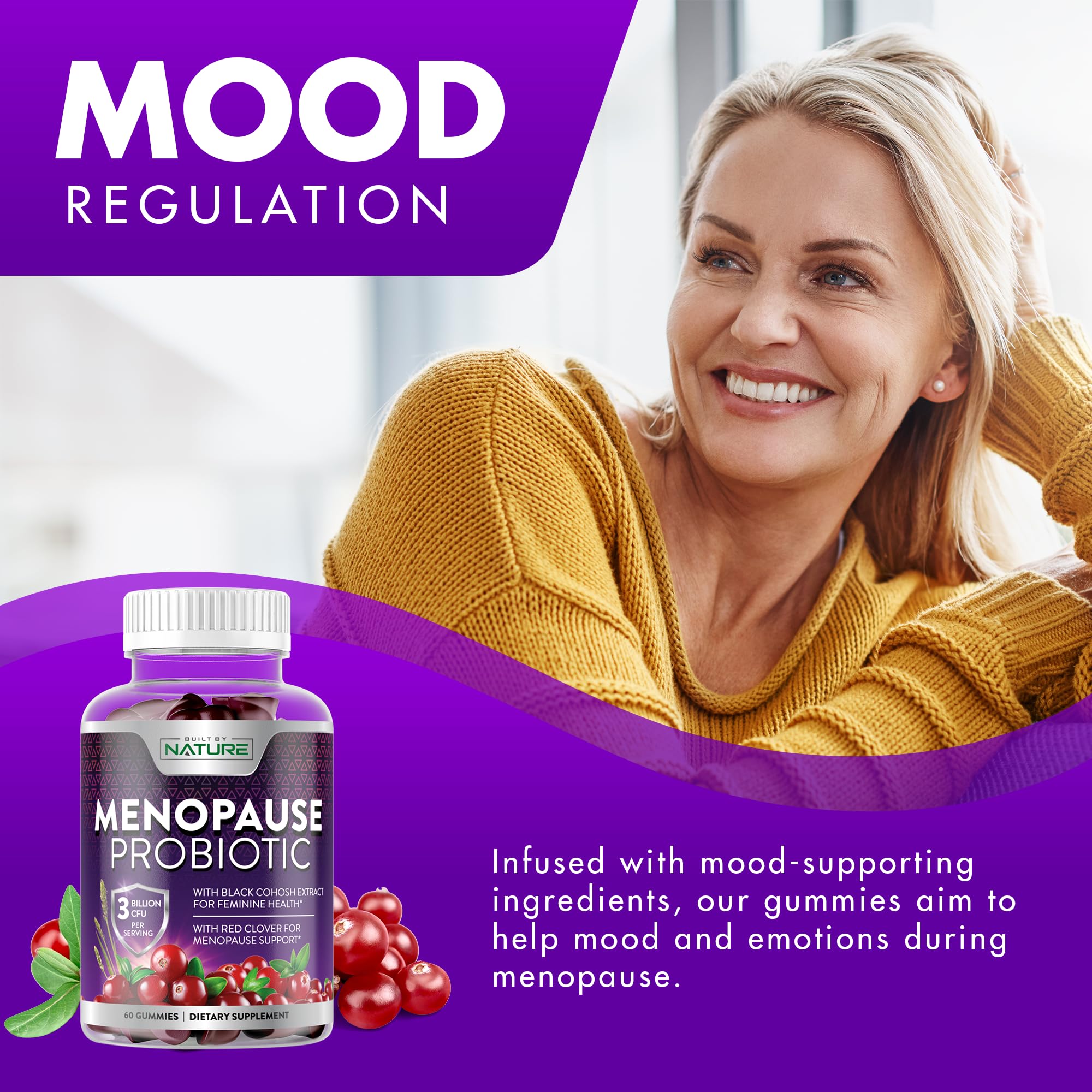 Menopause Supplements for Women - Menopause Probiotic Gummy - Women’s Menopause Relief for Hot Flashes, Night Sweats & Mood Swings with Black Cohosh & Cranberry - Non-GMO, Vegan - 60 Gummies Built by Nature uk supplements