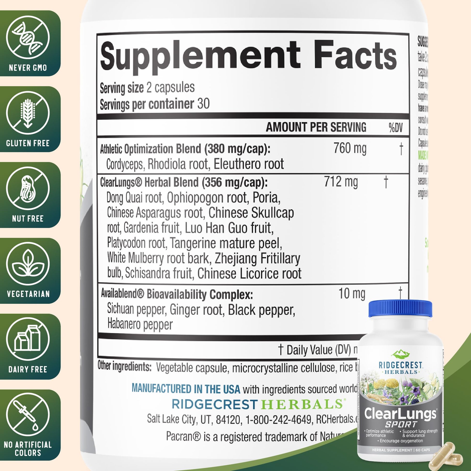 Ridgecrest Herbals ClearLungs Sport, Oxygen Intake and Lung Support Formula with Cordyceps, Rhodiola, Eleuthero (60 Vegan Caps, 30 Serv) RidgeCrest Herbals uk supplements