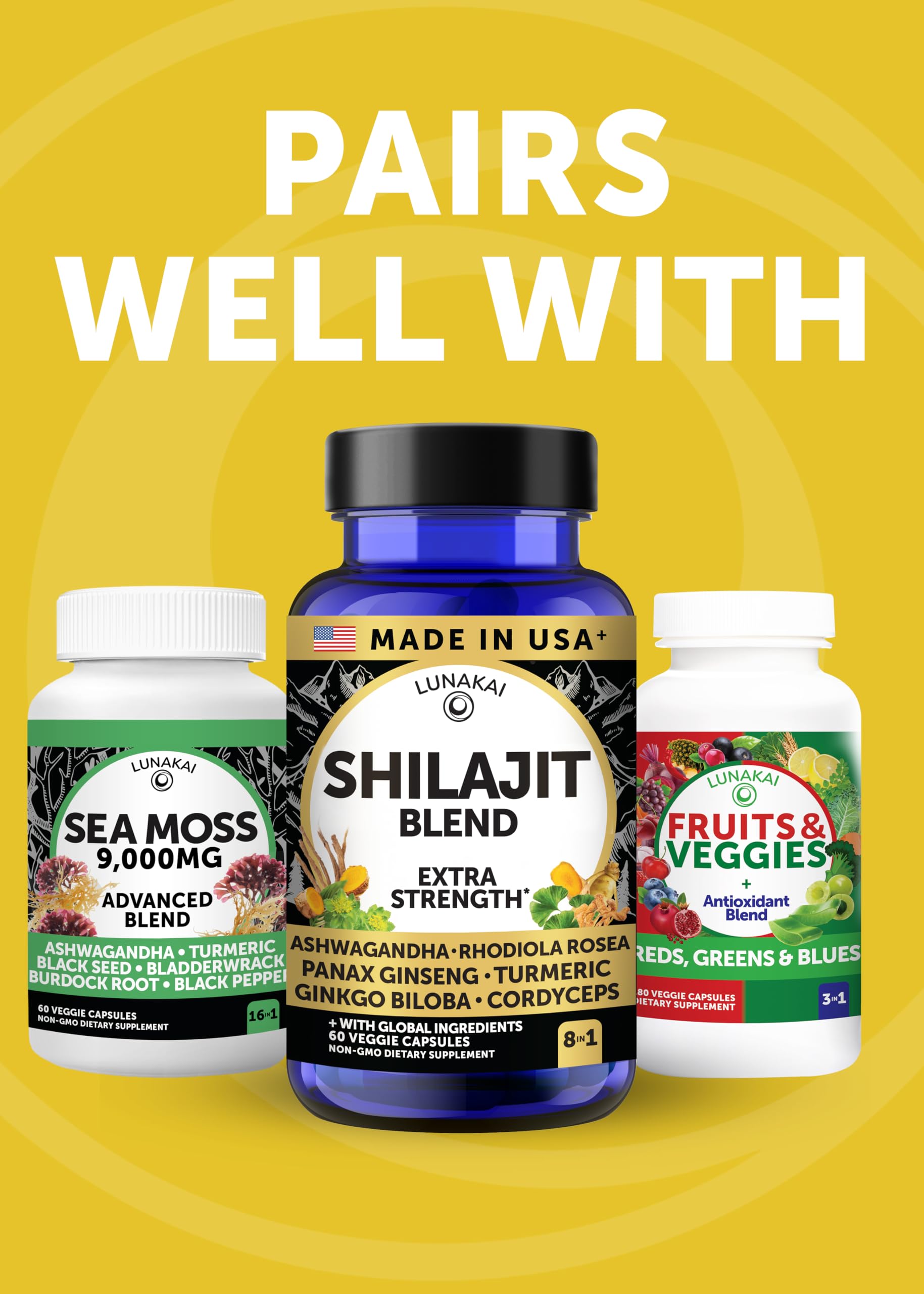 Lunakai USA Made Pure Shilajit Capsules with Ashwagandha, Rhodiola & Cordyceps - Extra Strength Shilajit Extract for Men & Women, 60ct Lunakai uk supplements