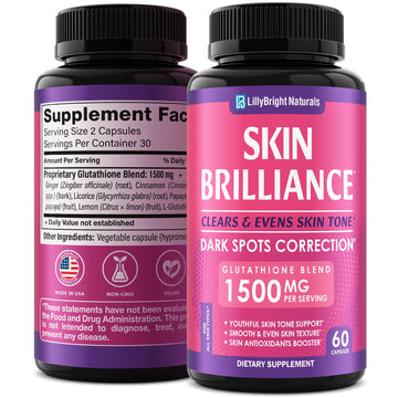 Glutathione Capsules - 1,500mcg L-Glutathione Supplement with Vitamin C - Skin Tone Enhancer - Targets Dark Spots & Acne Marks - Antioxidant Supplement for Beauty & Health Support - 60 Skin Pills LB LILLYBRIGHT NATURALS uk supplements