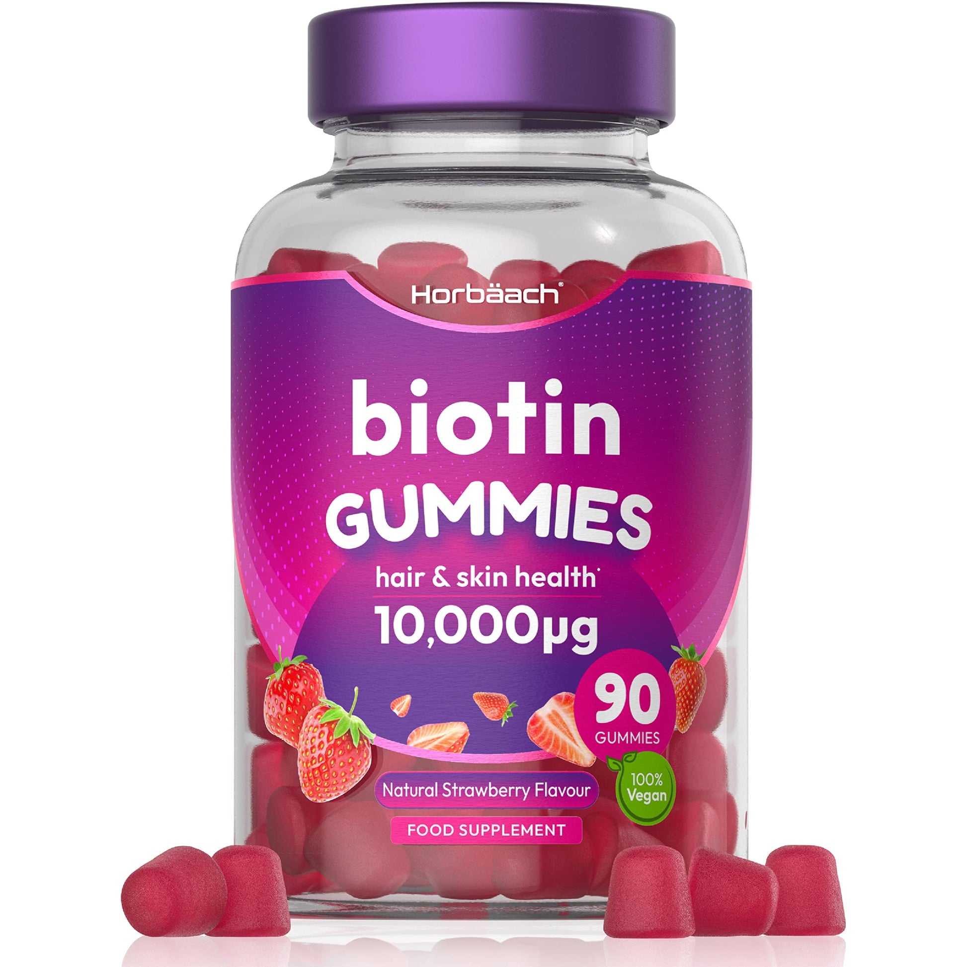 Biotin Gummies 10,000mcg | 90 Vegan Vitamins | Natural Strawberry Flavour Horbäach uk supplements