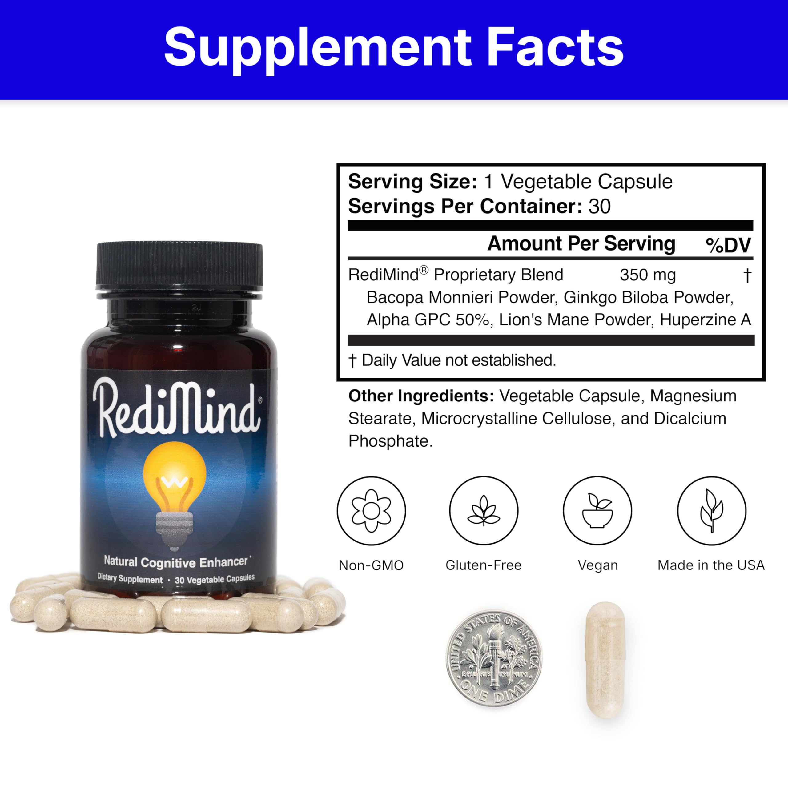 RediMind - Natural Cognitive Enhancement Supplement Capsule - Non-GMO, Vegan, Gluten-Free RediMind uk supplements