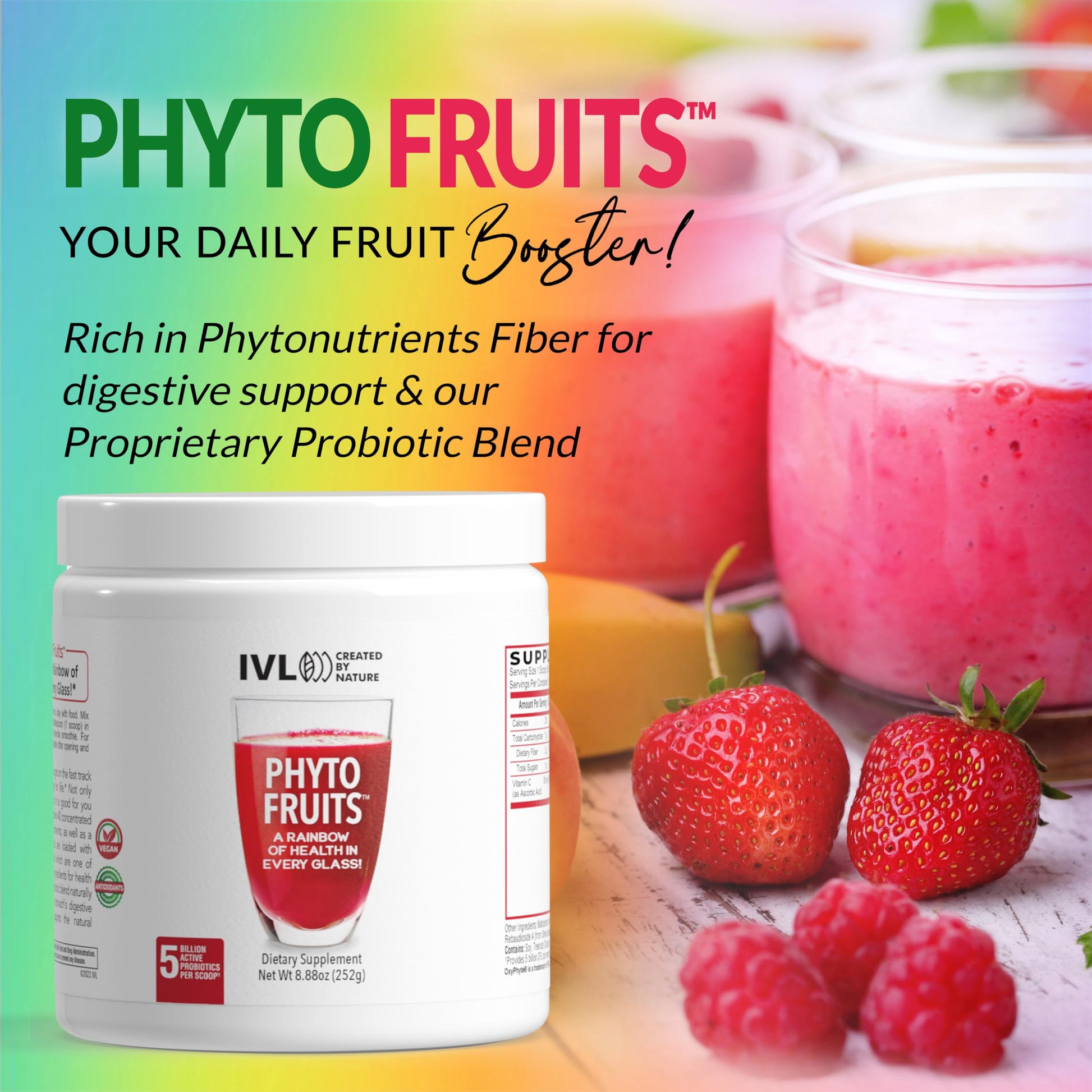 IVL - Phyto Fruits Superfood Powder - Support Energy - Digestive & Probiotic - Antioxidant - Vegan - 40 Fruits and Nutrients Plus 6 Probiotic Strains (30 Servings, 8.88 oz) IVL uk supplements
