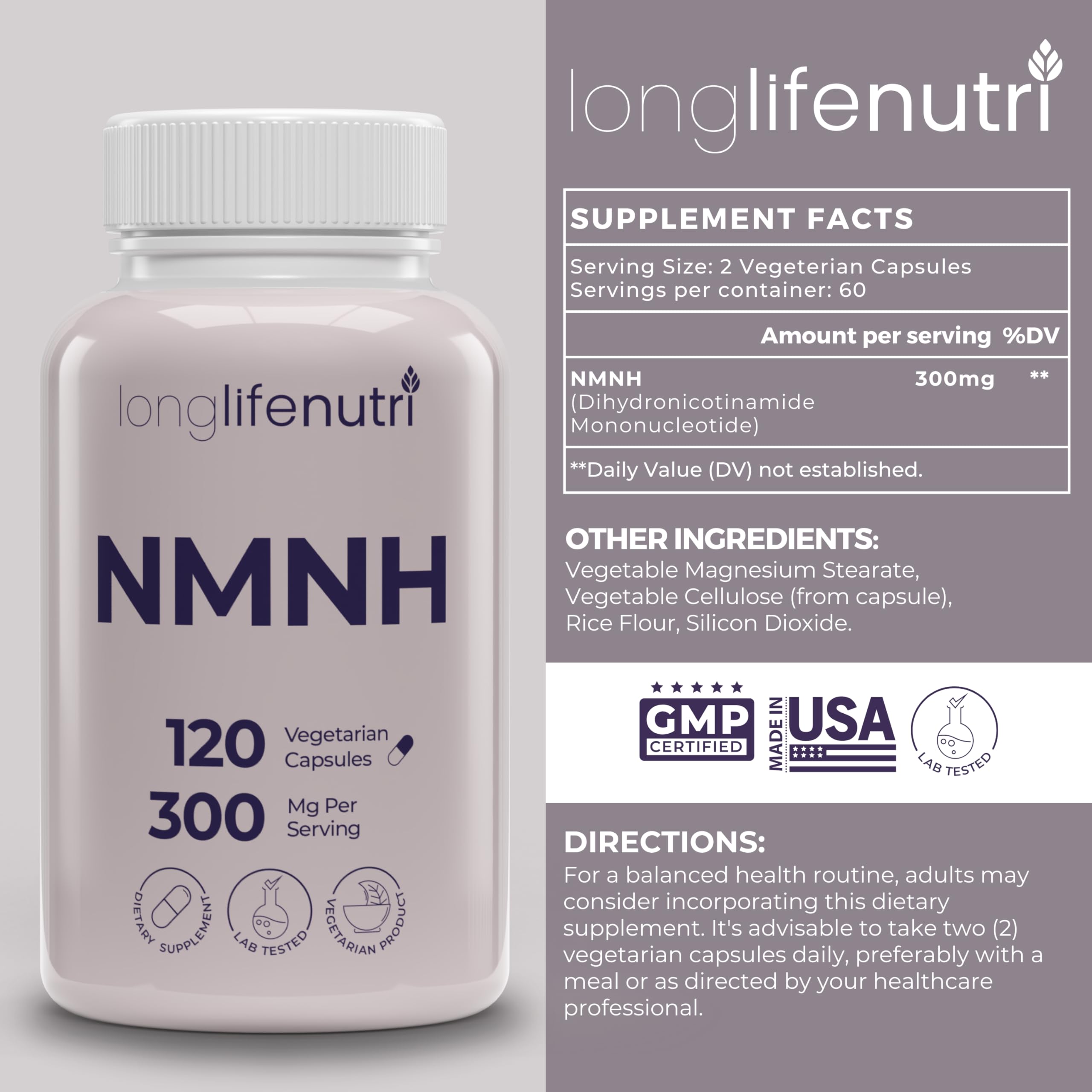 LongLifeNutri NMNH 300mg (Dihydronicotinamide Mononucleotide) - 120 Vegan Capsules, 2-Month Supply, NMN Alternative, NAD Supplement for Energy & Longevity, Lab Tested, Made in USA LongLifeNutri uk supplements