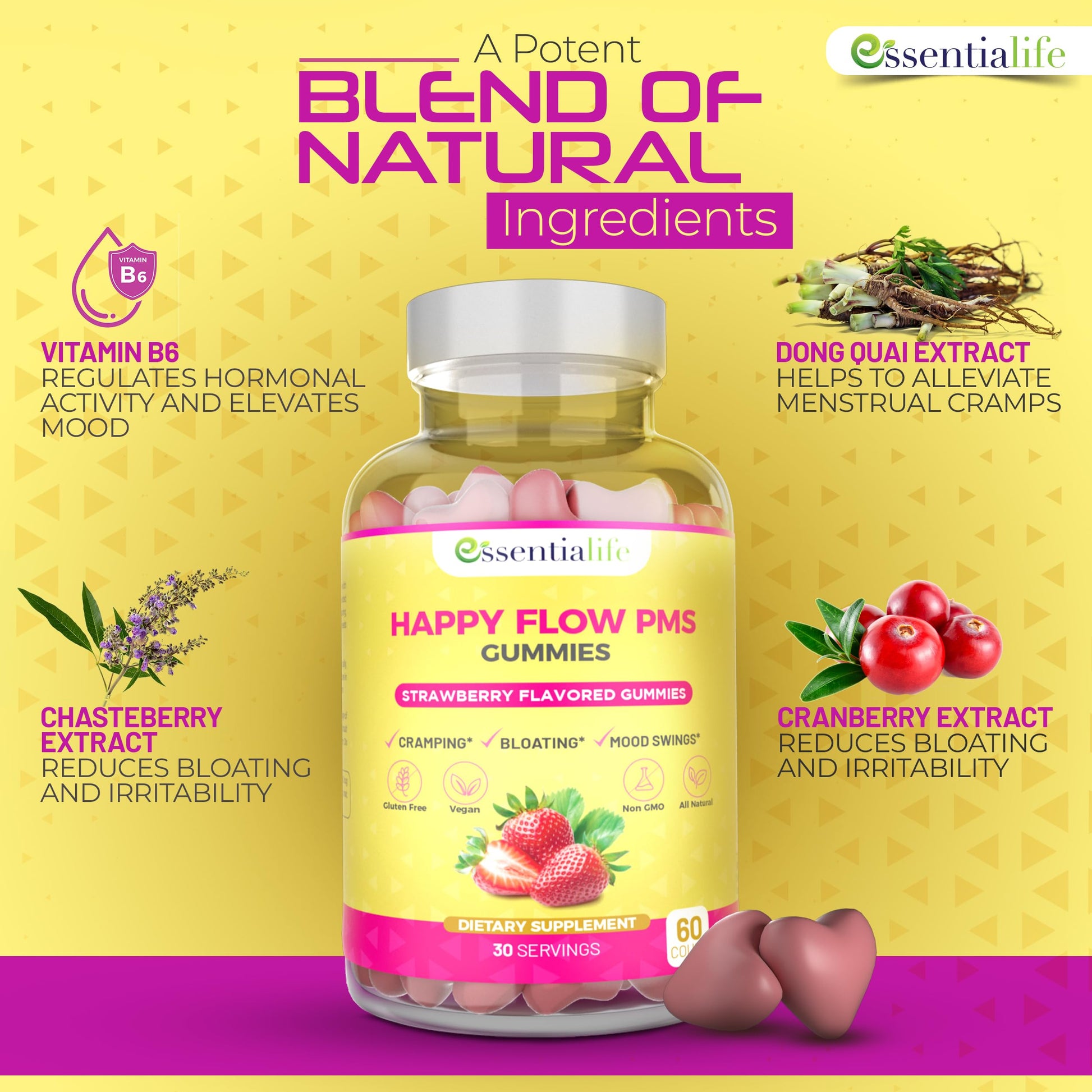 PMS Gummies - Happy Flow PMS Support Supplement for Women - Strawberry PMS Relief Supplement with Vitamin B6 for Hormone Balance, Period Support, Cramps, Hormonal Acne & Bloating Relief (60 Count) Essentialife uk supplements