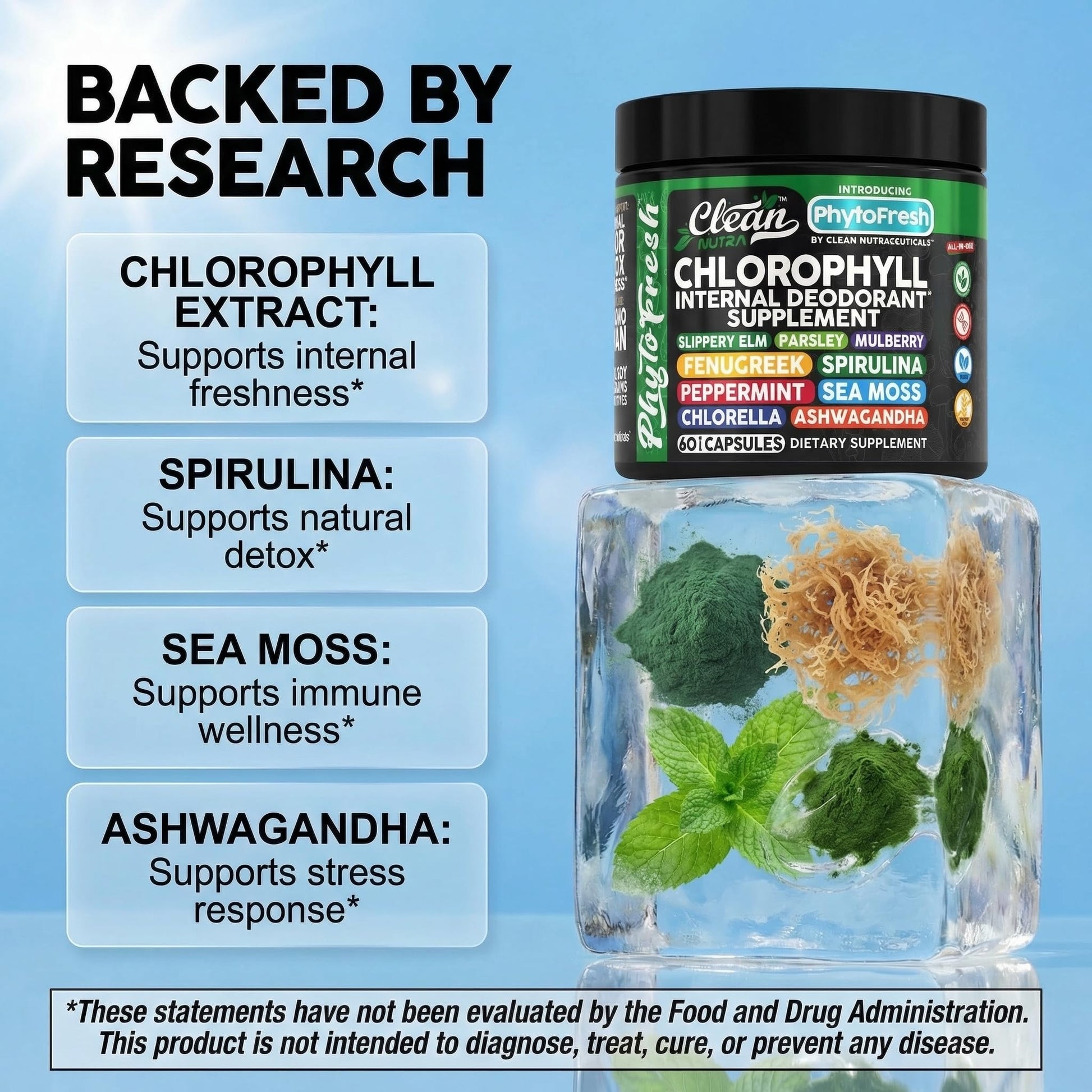 Clean Nutra Chlorophyll Capsules Supplement Internal Deodorant Peppermint, Sea Moss, Parsley, Chlorella, Spirulina, Slippery Elm, Ashwagandha, PhytoFresh Greens Detox Pills Clean Nutraceuticals uk supplements