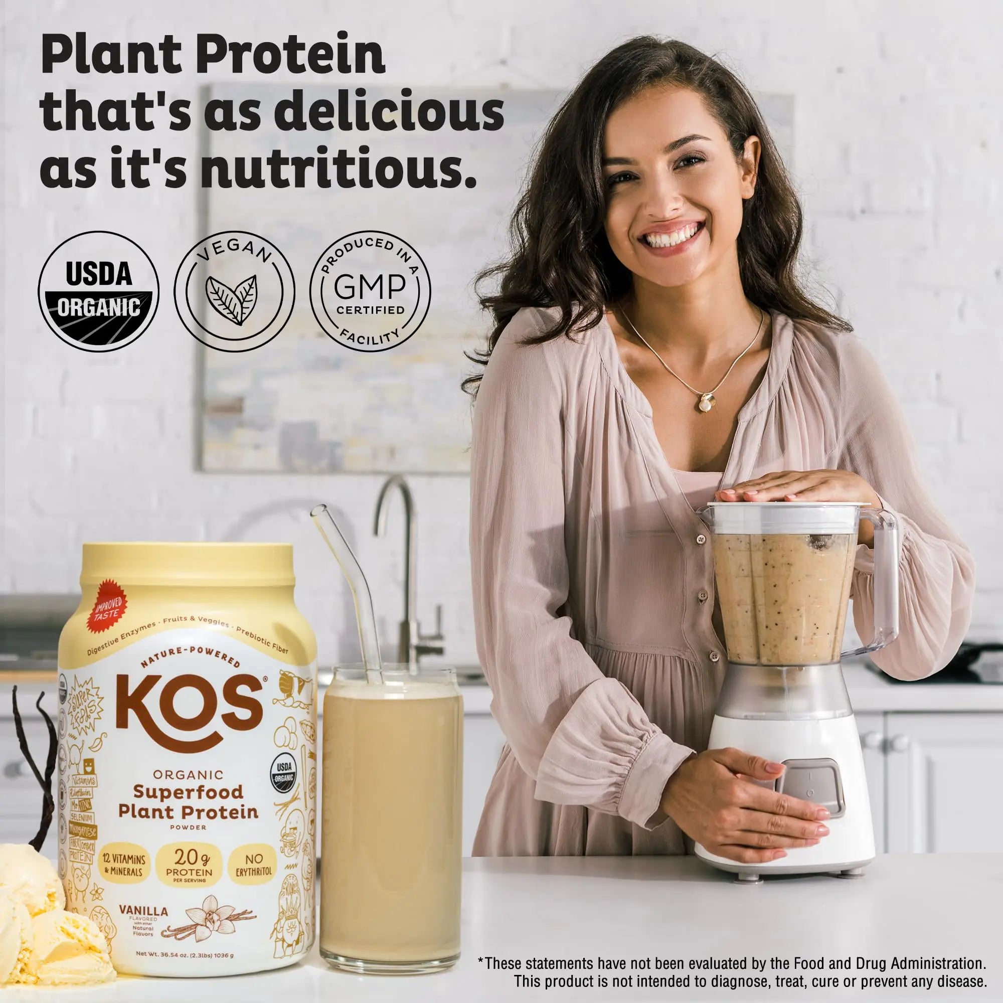 KOS Vegan Protein Powder Erythritol Free, Vanilla USDA Organic - Pea Protein Blend, Plant Based Superfood Rich in Vitamins & Minerals - Keto, Dairy Free - Meal Replacement for Women & Men, 28 Servings KOS uk supplements