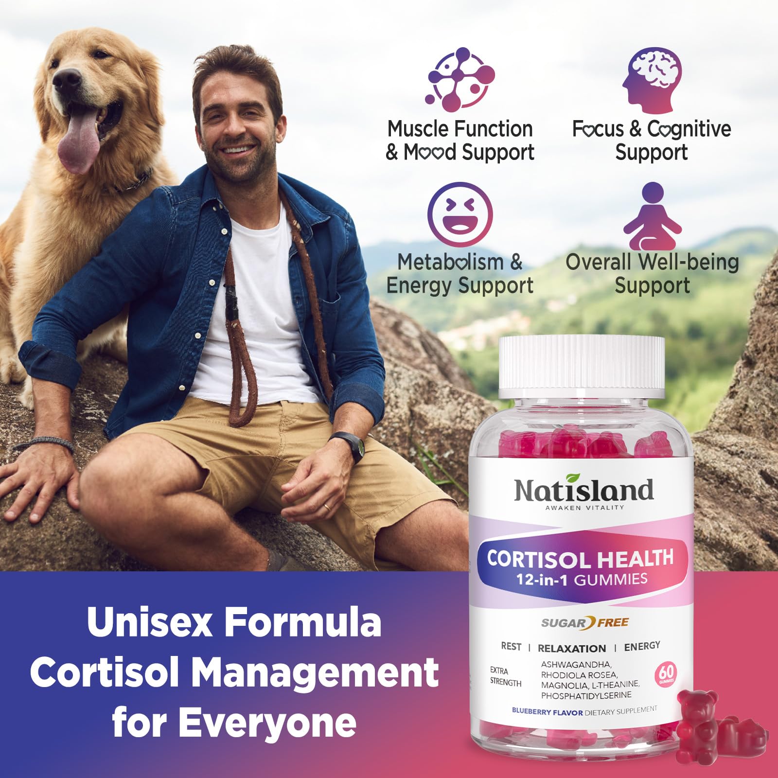 Cortisol Gummies, 12-in-1 Cortisol Reducer, with Magnesium Glycinate, Ashwagandha, L-Theanine, Phosphatidylserine, Vitamin B6 & D3, Rhodiola Rosea, for Men & Women, Sugar-Free, Vegan, NON-GMO, 60CT NATISLAND uk supplements