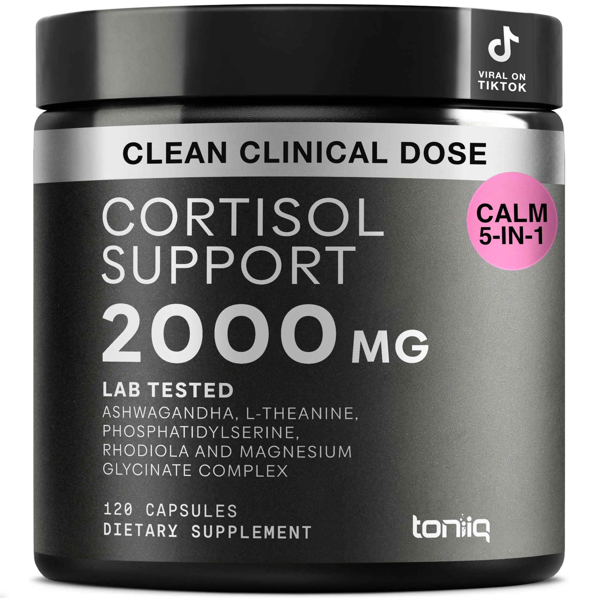 Cortisol Supplement for Women and Men — Calm, Balanced-Strength 5-in-1 Non-Drowsy, Third-Party Tested with Magnesium Glycinate, Ashwagandha, L-Theanine, Phosphatidylserine, Rhodiola — 120 Capsules Toniiq uk supplements