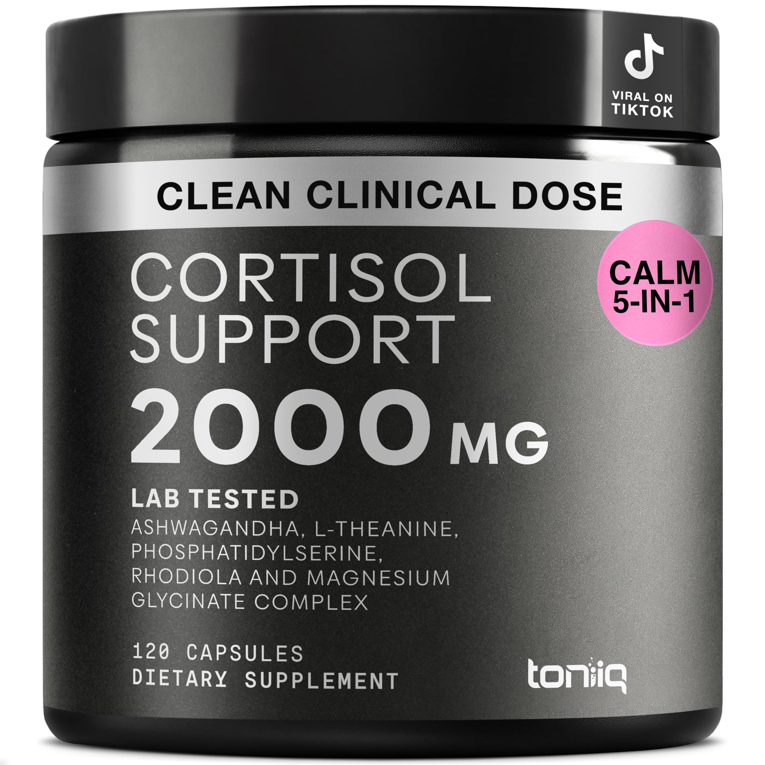 Cortisol Supplement for Women and Men — Calm, Balanced-Strength 5-in-1 Non-Drowsy, Third-Party Tested with Magnesium Glycinate, Ashwagandha, L-Theanine, Phosphatidylserine, Rhodiola — 120 Capsules Toniiq uk supplements
