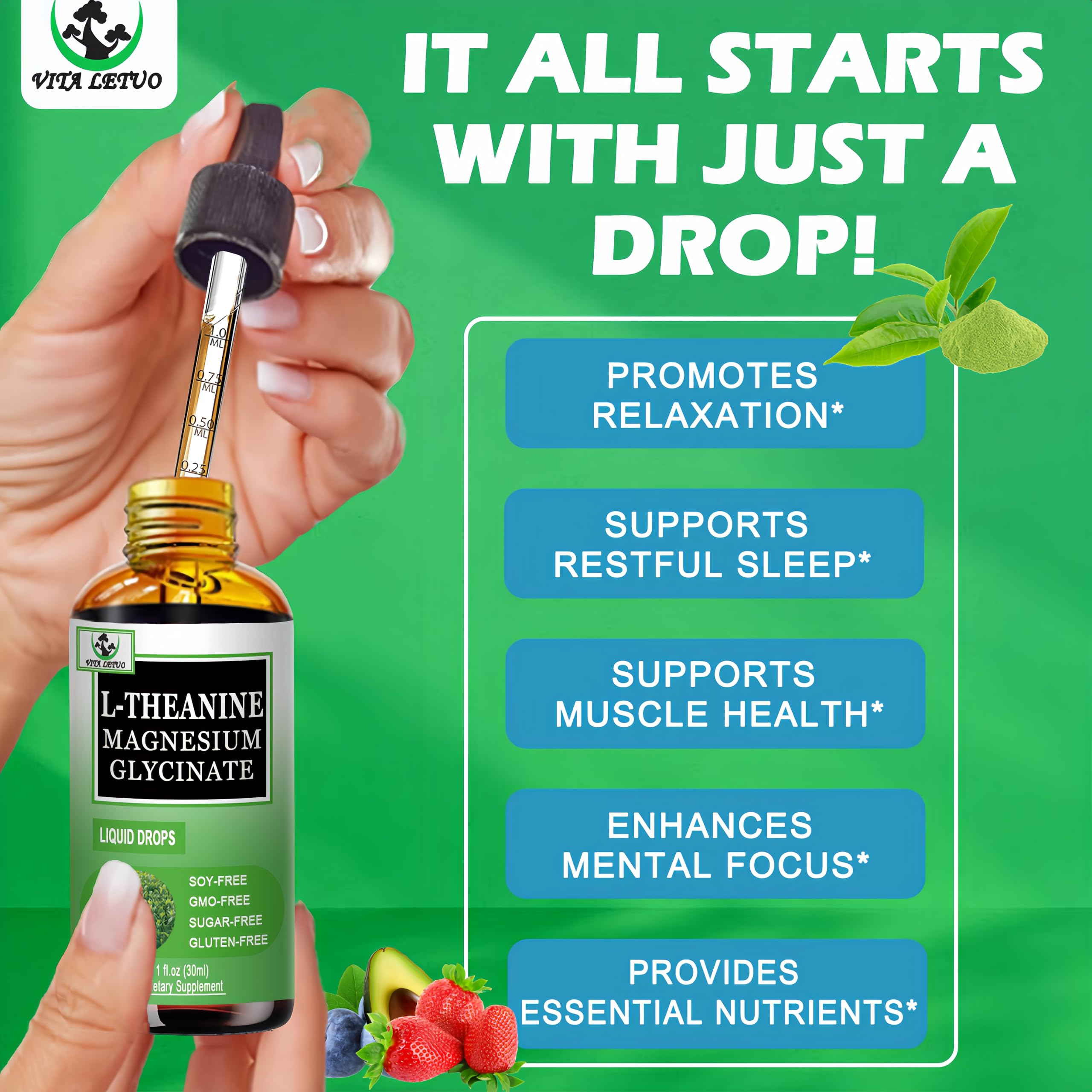 L Theanine Drops, Liquid L-Theanine Supplement 200mg w/Magnesium Glycinate,Vitamins,Fiber for Relaxation,Sleep,Digestion, Calm,High Absorption Mood Support for Adults & Kids,Plant Based,Non-GMO Vita letuo uk supplements