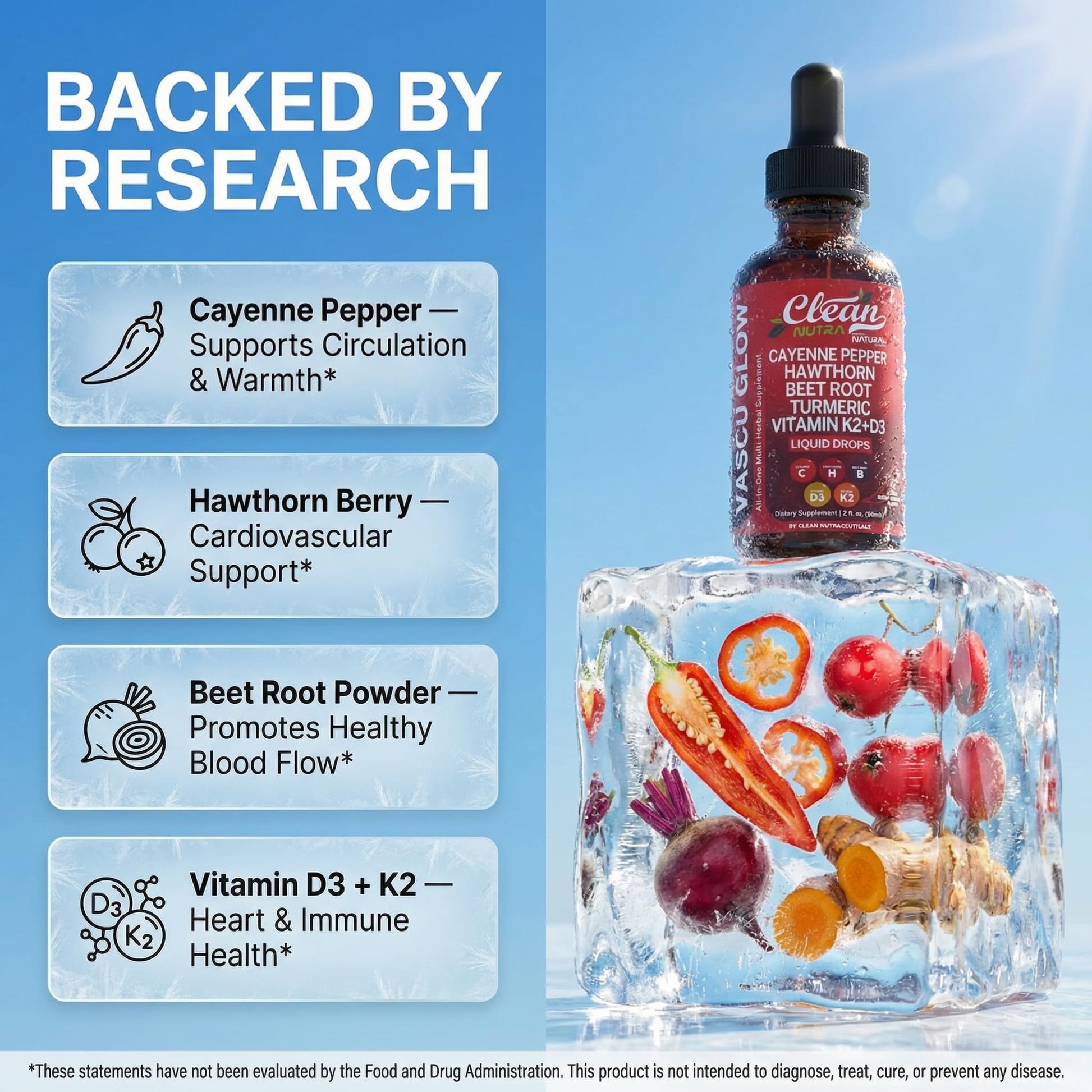 Clean Nutra Cayenne Pepper Drops Supplement Liquid + Hawthorn Berry, Vitamin D3 K2 Beet Root Powder, Ceylon Cinnamon, Turmeric Curcumin, Organic Panax Ginseng, Berberine Extract 1 Pack Clean Nutraceuticals uk supplements