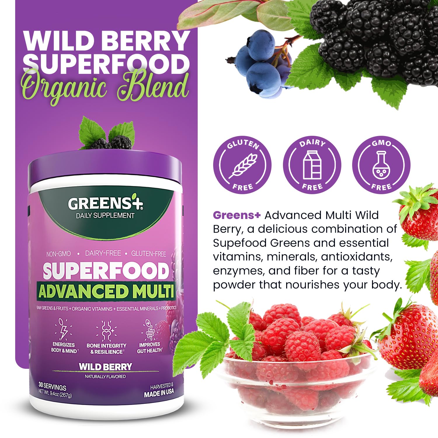 Greens+ Advanced Multi Wild Berry Superfood Powder, Organic Blend, Vegan, Non-GMO, Soy-Free, Dairy-Free, Gluten-Free, Dietary Supplement with Vitamins & Minerals, 9.4 oz Greens+ uk supplements