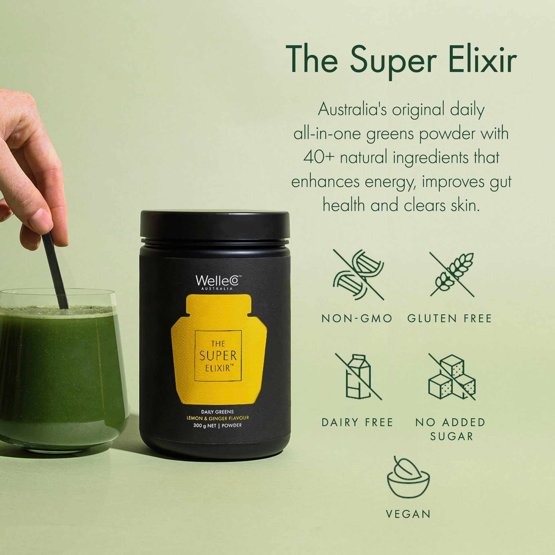 WelleCo The Super Elixir Daily Greens Powder, Probiotic Drink Mix with Whole Foods, Gluten Free, Vegan Gut Health Powder, Energy, Immunity, Healthy Skin, Hair & Nails (300g, Lemon Ginger) WelleCo uk supplements
