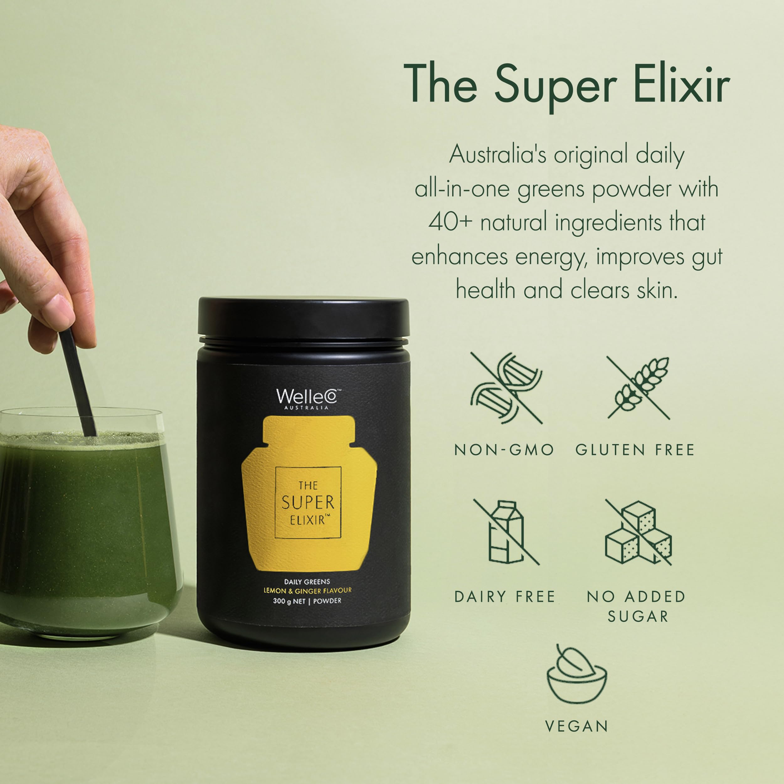 WelleCo The Super Elixir Daily Greens Powder, Probiotic Drink Mix with Whole Foods, Gluten Free, Vegan Gut Health Powder, Energy, Immunity, Healthy Skin, Hair & Nails (300g, Lemon Ginger) WelleCo uk supplements