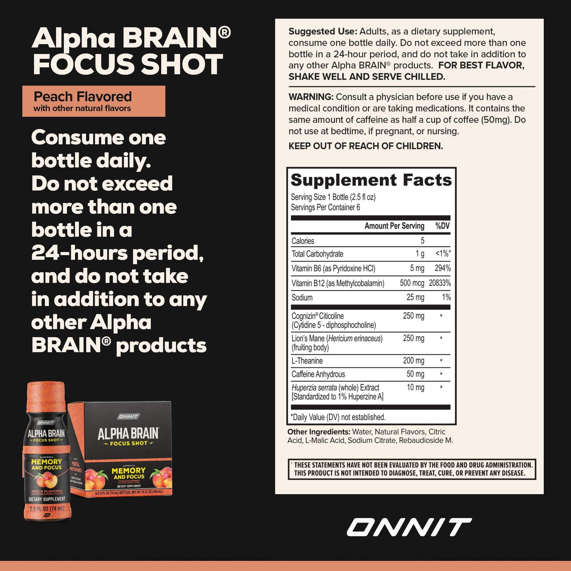 ONNIT Alpha Brain Focus Shot, Peach Flavor, Nootropic Dietary Supplement Drink That Supports Energy, Focus, and Mood, IGEN™ Non-GMO Tested, 2.5 fl oz, 6 Count ONNIT uk supplements