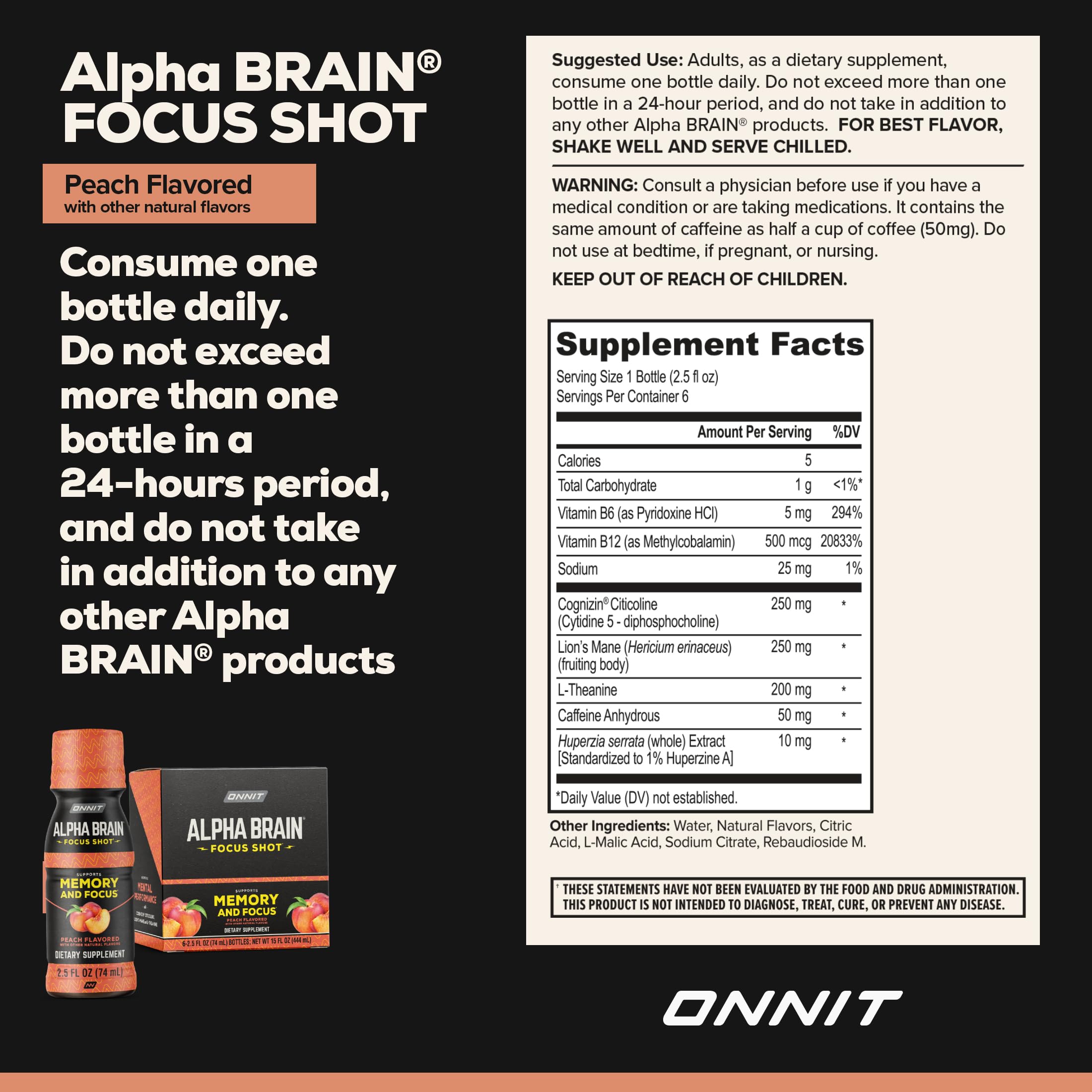 ONNIT Alpha Brain Focus Shot, Peach Flavor, Nootropic Dietary Supplement Drink That Supports Energy, Focus, and Mood, IGEN™ Non-GMO Tested, 2.5 fl oz, 6 Count ONNIT uk supplements