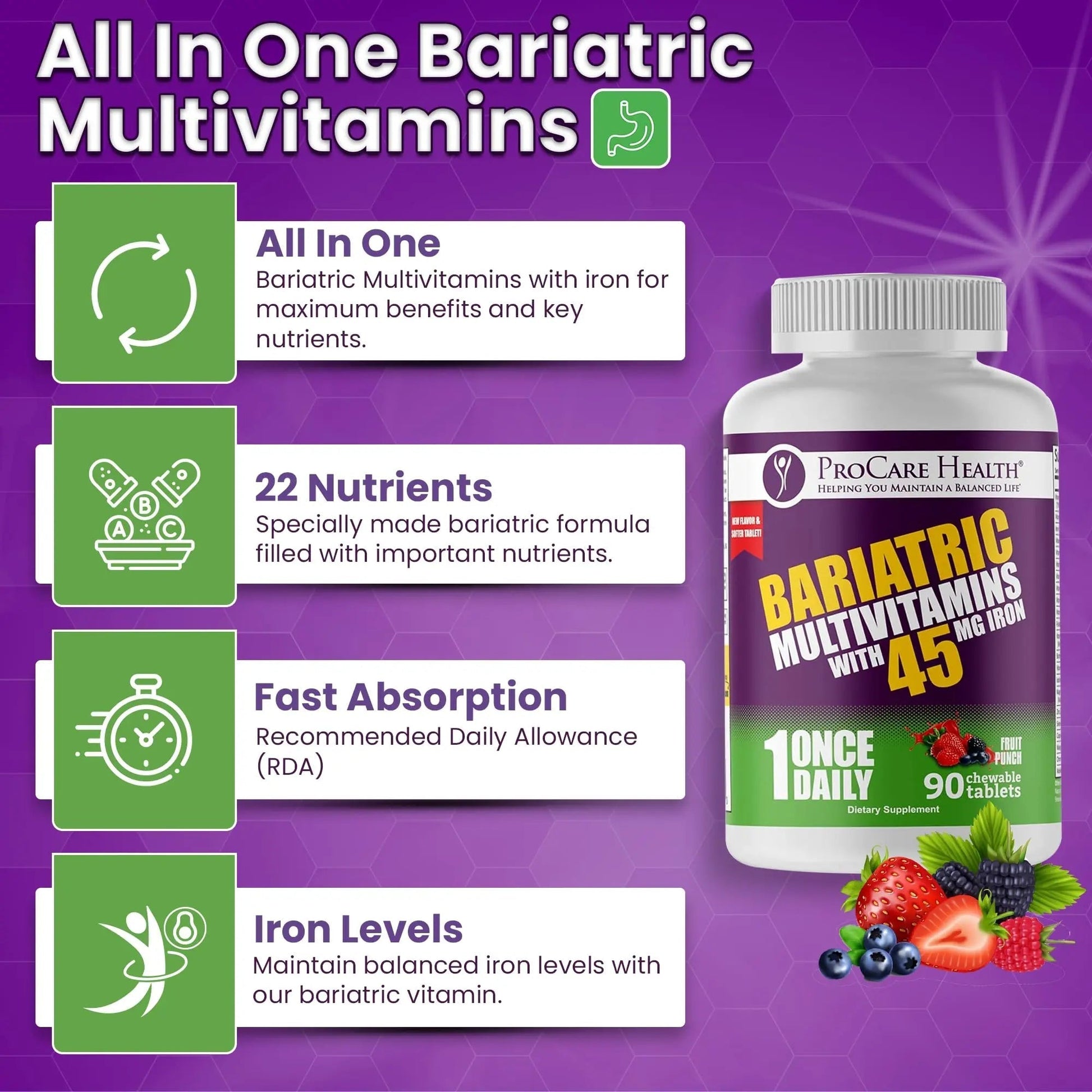 Procare Health Bariatric Multivitamin with Iron 45mg Chewable (90 Tablets) - Fruit Punch Flavor Bariatric Multivitamin Chewable Pills for Gastric Bypass ProCare Health uk supplements