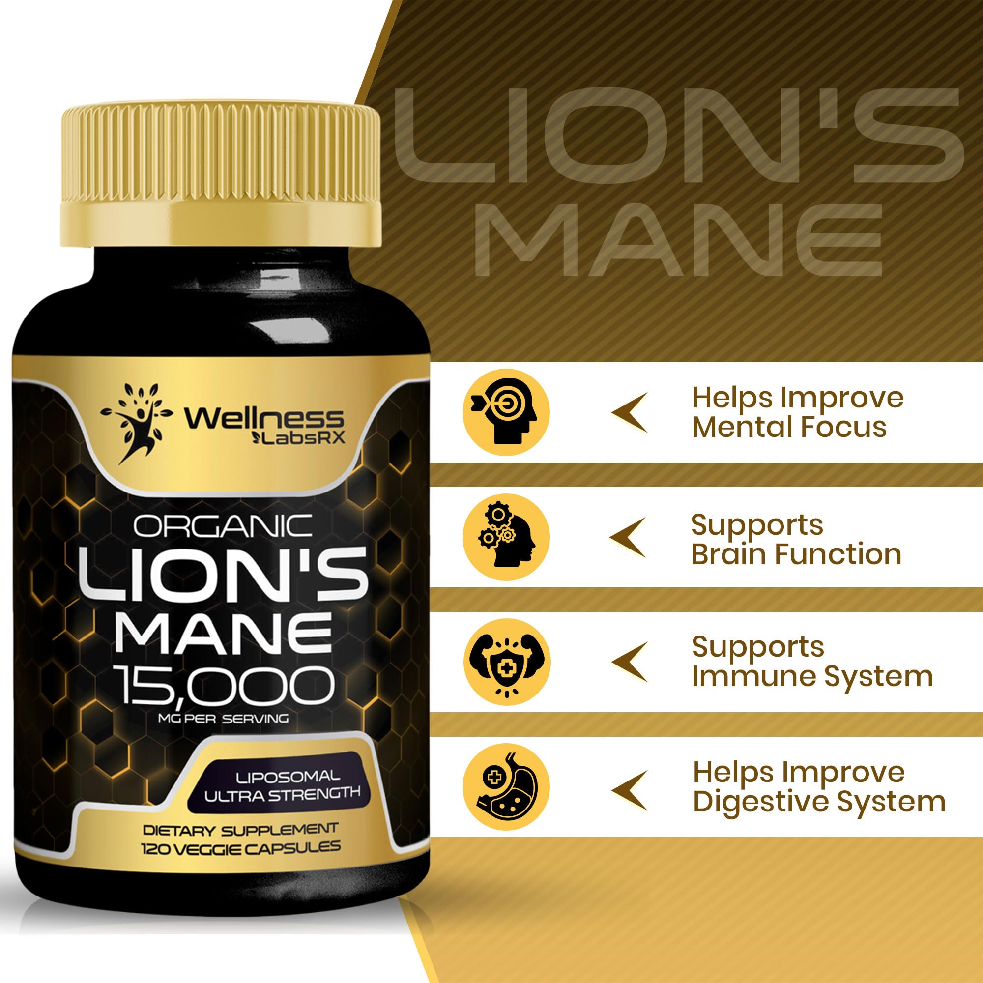Lions Mane Supplement Capsules - 120 Count - Mushroom Supplement, Brain Supplements WELLNESS LABSRX uk supplements
