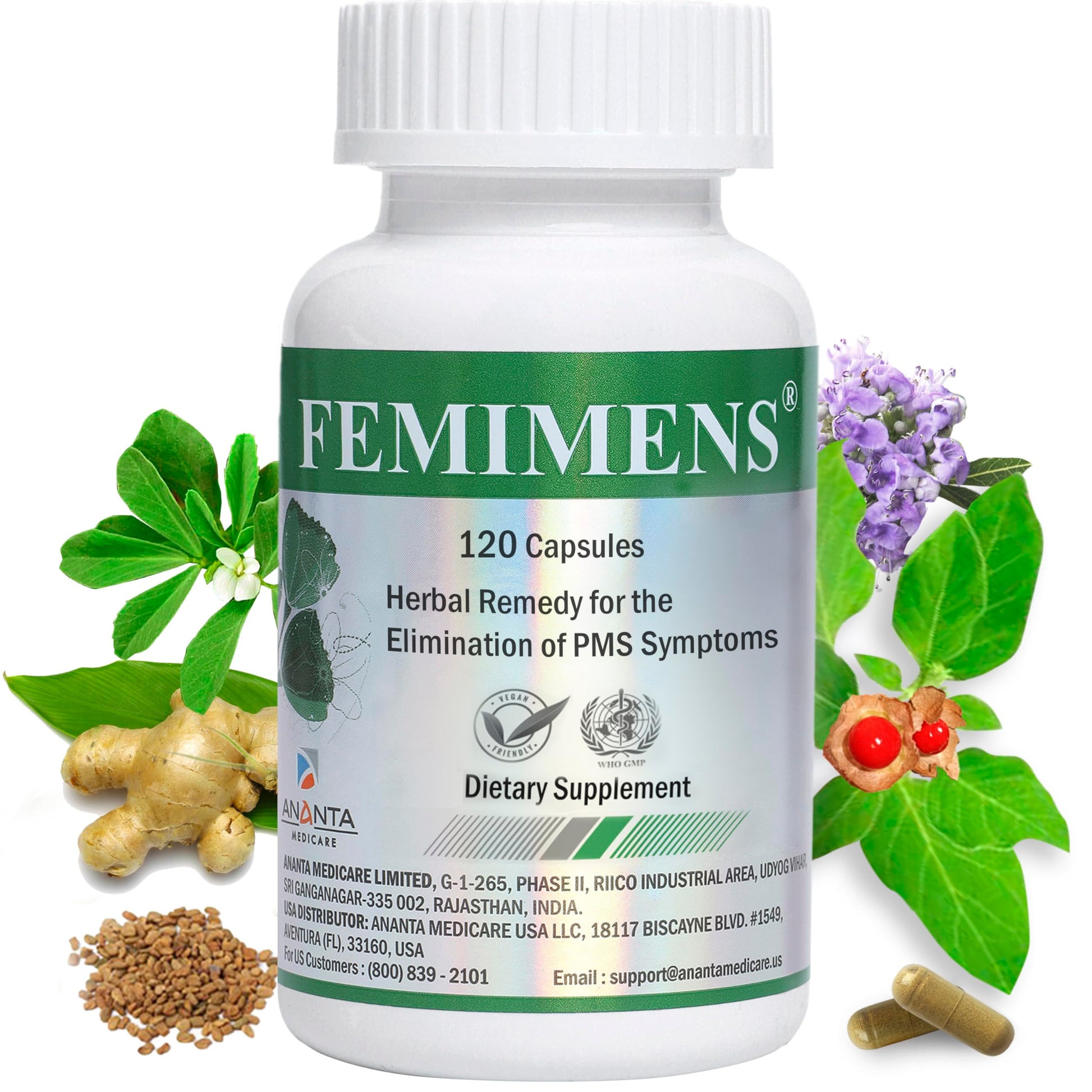 FEMIMENS – PMS Support Supplement for Women – PMS Relief for Women & Menstrual Cramp Relief – Hormonal Balance for Women – Chasteberry Vitex, Ashwagandha, Ginger, Fenugreek – 120 Vegan Capsules Ananta Medicare USA uk supplements