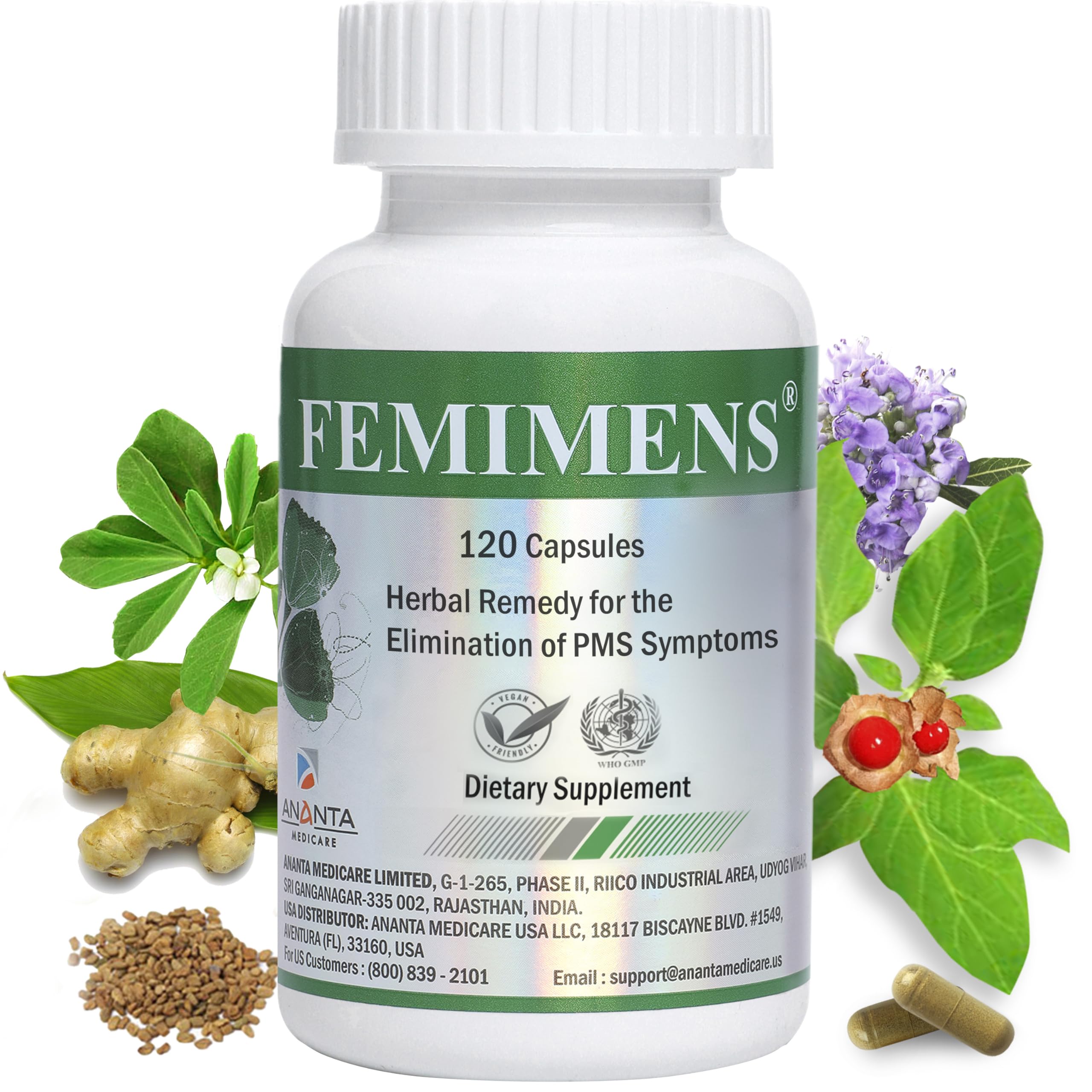 FEMIMENS – PMS Support Supplement for Women – PMS Relief for Women & Menstrual Cramp Relief – Hormonal Balance for Women – Chasteberry Vitex, Ashwagandha, Ginger, Fenugreek – 120 Vegan Capsules Ananta Medicare USA uk supplements