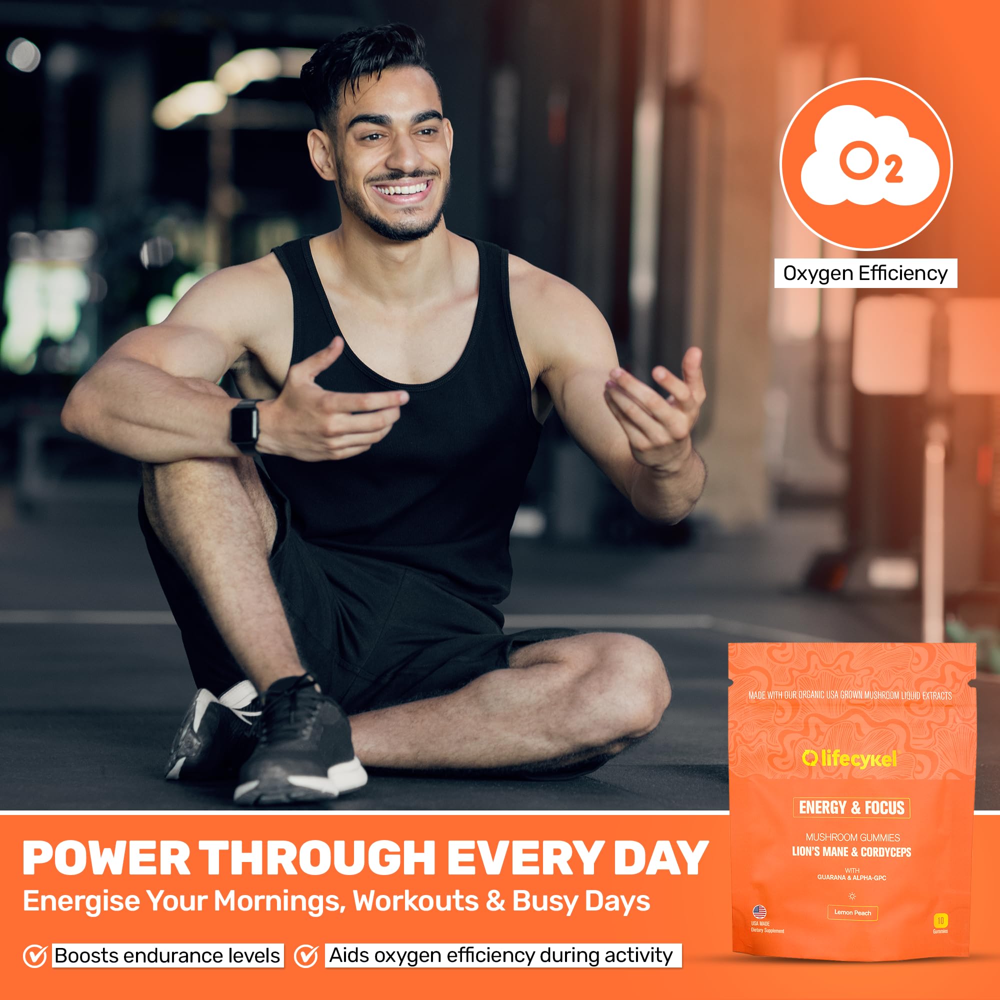 Life Cykel - AM Energy and Focus Mushroom Gummies, 10 Count - Organic Lion's Mane Gummies with Cordyceps, Guarana & Alpha GPC for Mental Clarity, Natural Energy, Endurance & Focus - Lemon Peach Flavor Life Cykel uk supplements