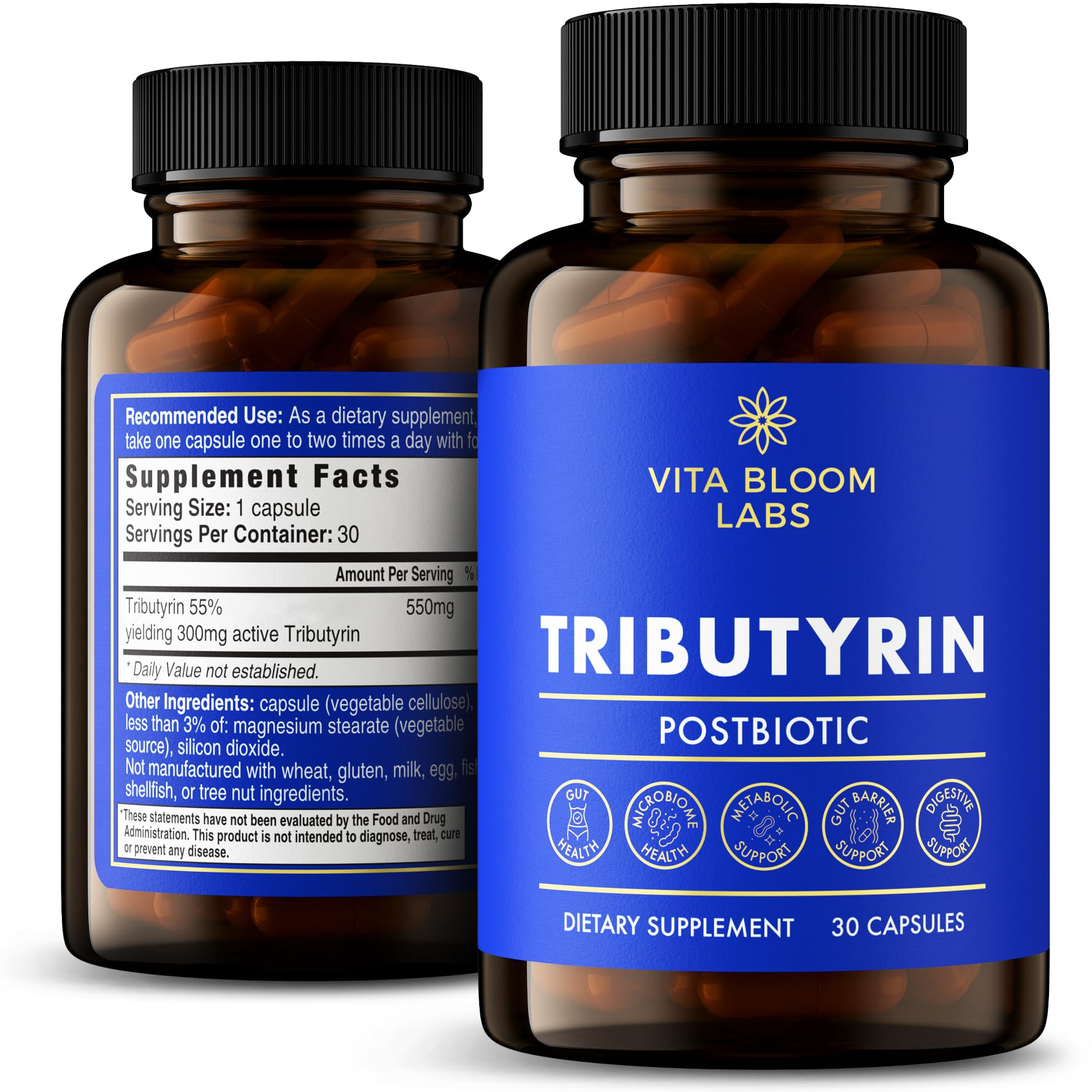 Tributyrin Supplement - Better Delivery & More Effective than Sodium Butyrate - Gut Health & Digestive Support - 3-in-1 Butyrate Postbiotics for Leaky Gut & Gut Barrier Support - 30 Capsules Vita Bloom Labs uk supplements