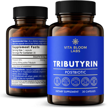 Tributyrin Supplement - Better Delivery & More Effective than Sodium Butyrate - Gut Health & Digestive Support - 3-in-1 Butyrate Postbiotics for Leaky Gut & Gut Barrier Support - 30 Capsules Vita Bloom Labs uk supplements