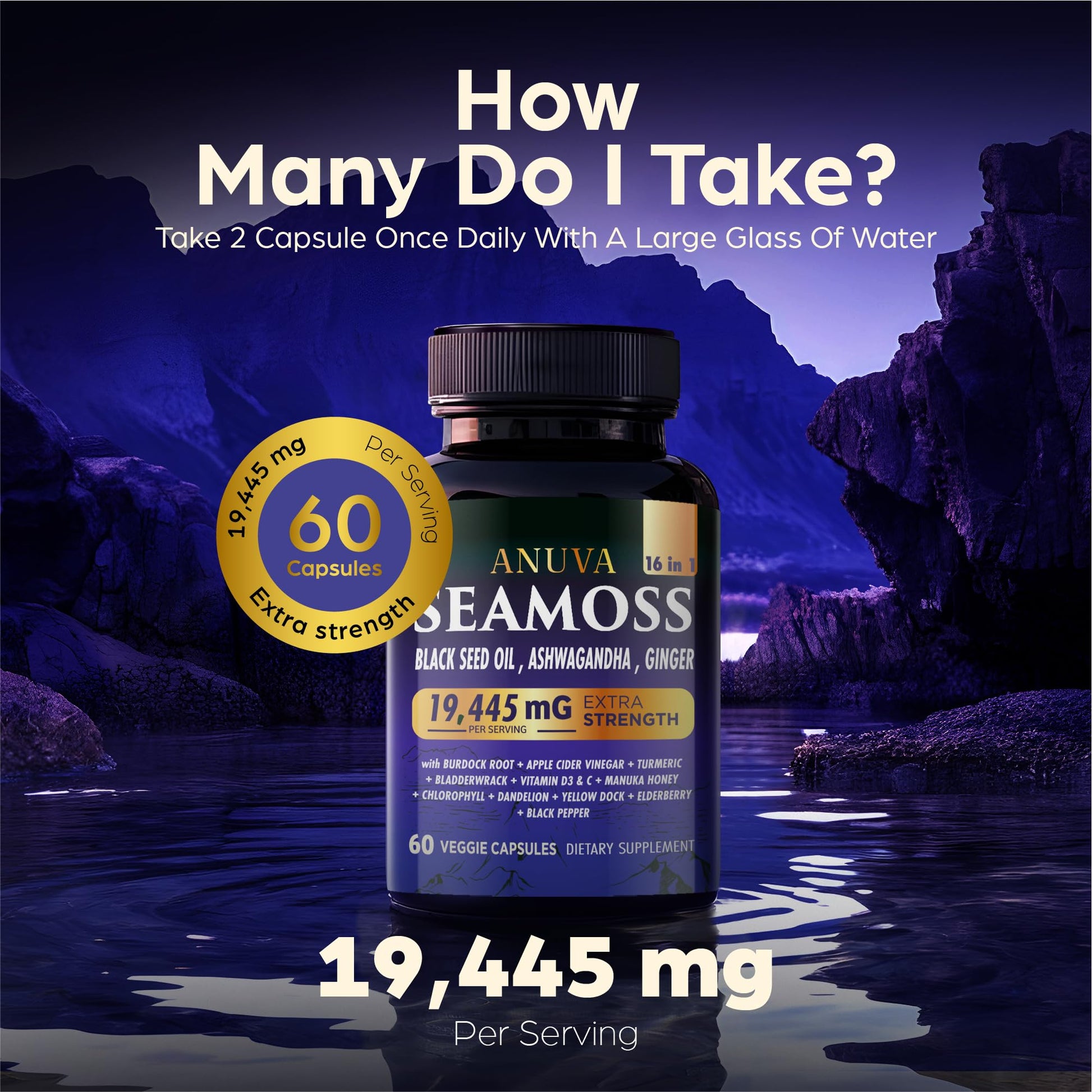 Anuva 16-in-1 Sea Moss Capsules | Black Seed Oil, Ashwagandha, with Vitamin C, D3, Turmeric, Burdock, Bladderwrack & Multi-Minerals | Immune, Skin, Joint & Energy Support | 60 Veggie Capsules Anuva uk supplements